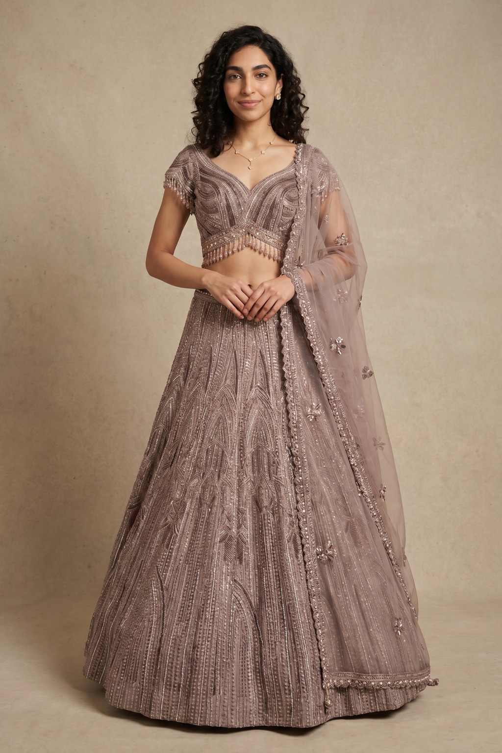 Mauve Net Embroidered Lehenga