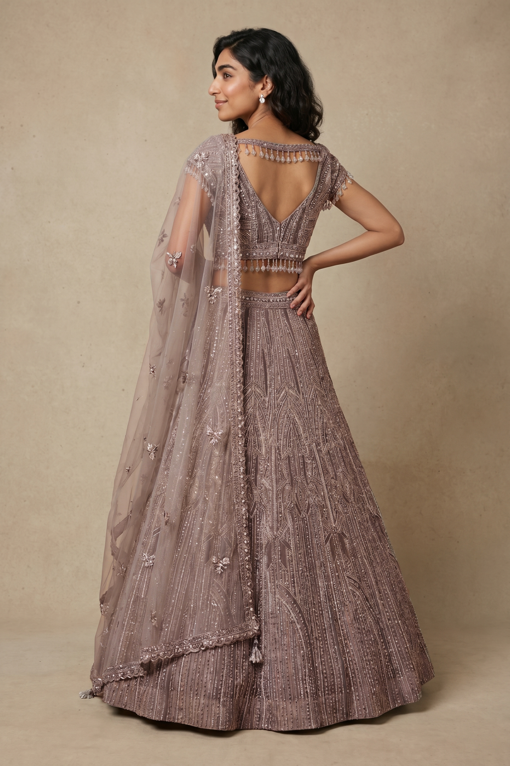 Mauve Net Embroidered Lehenga