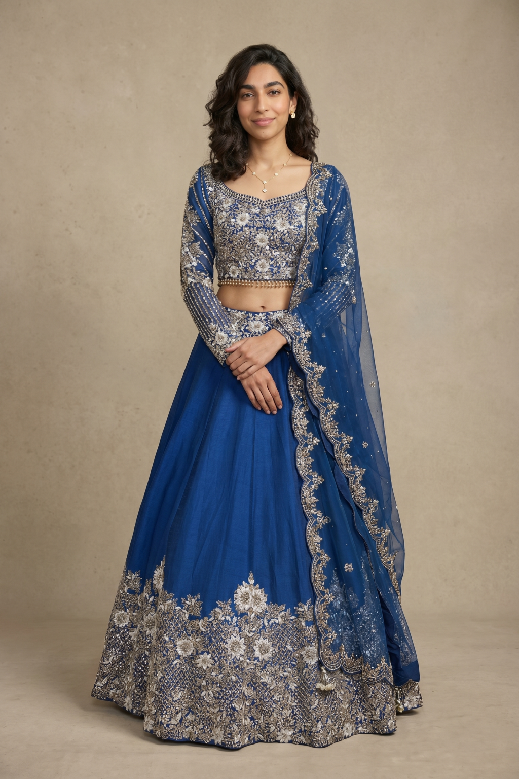 Blue Raw Silk Lehenga with Mirror & Pearl Embroidery
