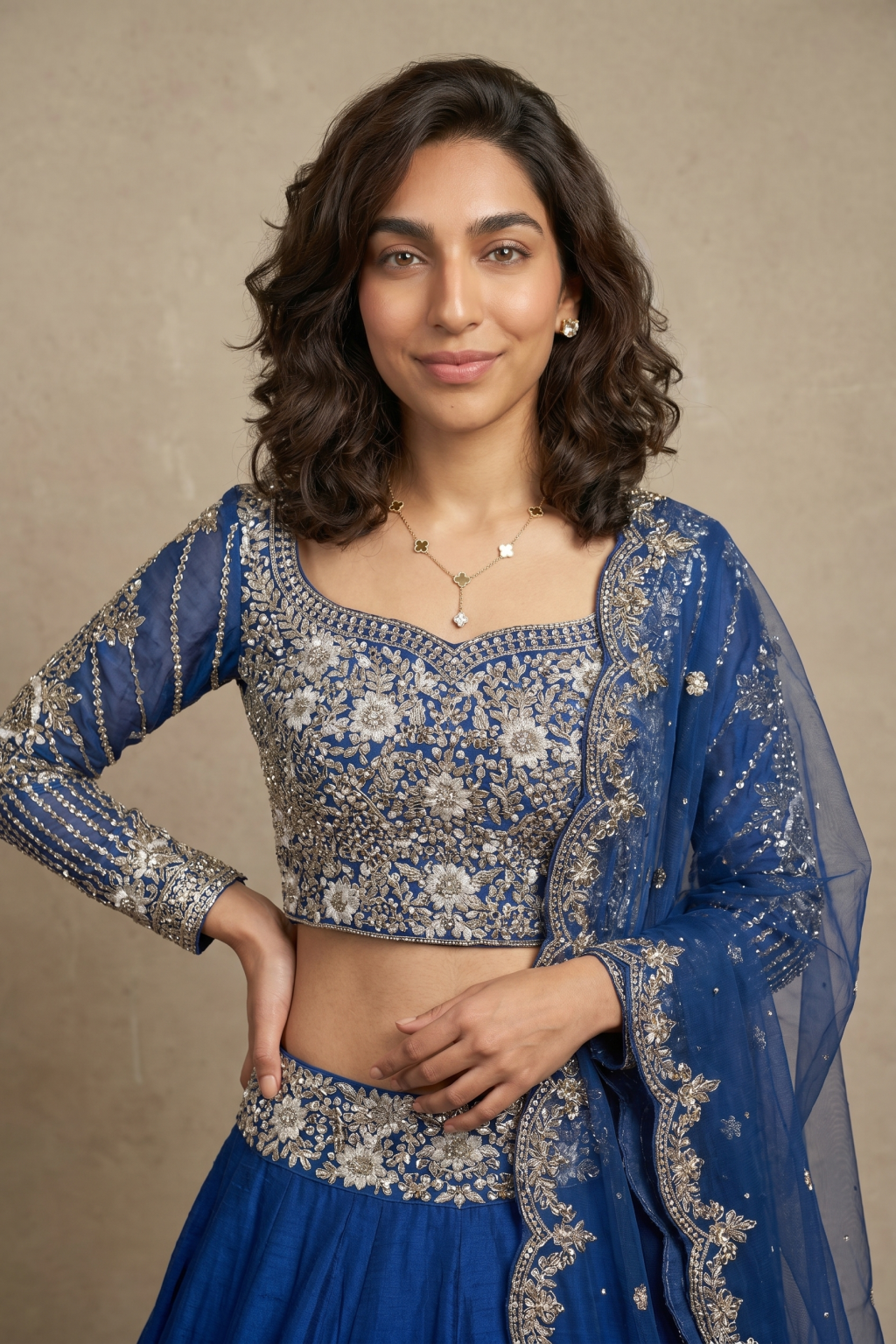 Blue Raw Silk Lehenga with Mirror & Pearl Embroidery
