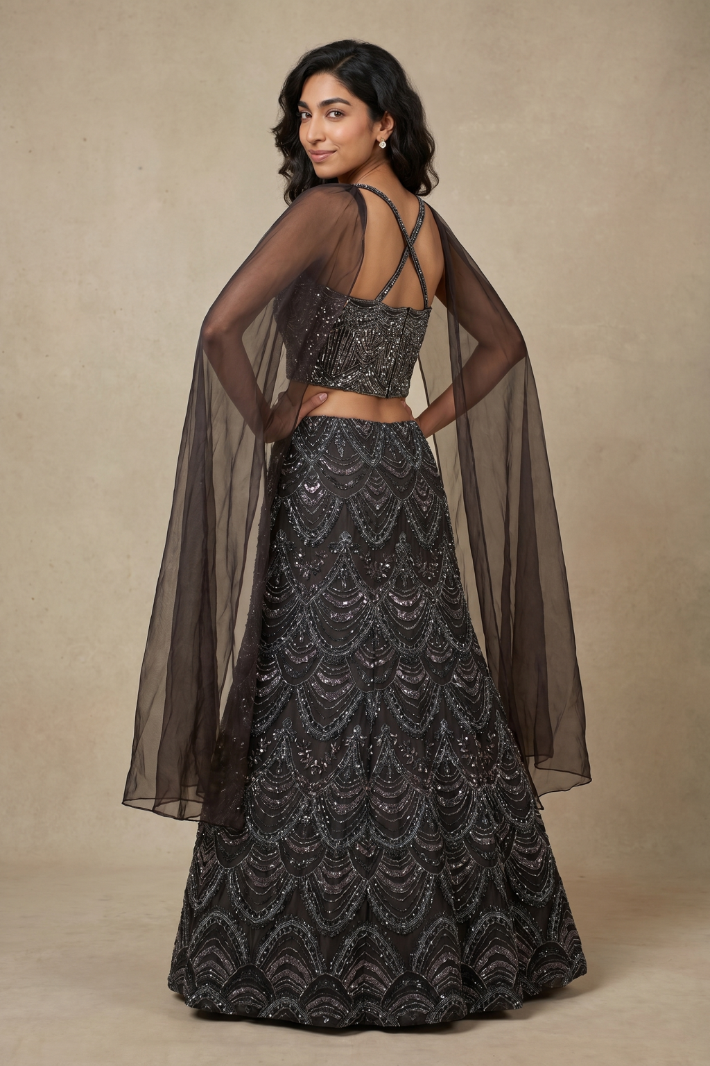 Charcoal Grey Net Lehenga set