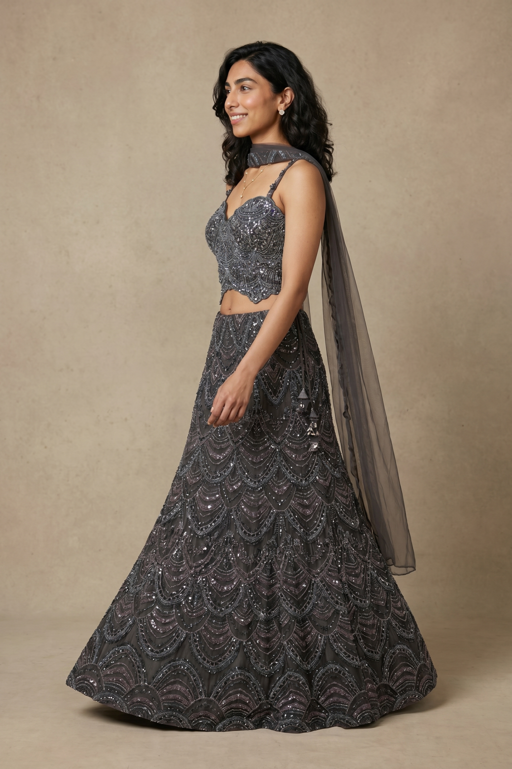 Charcoal Grey Net Lehenga set