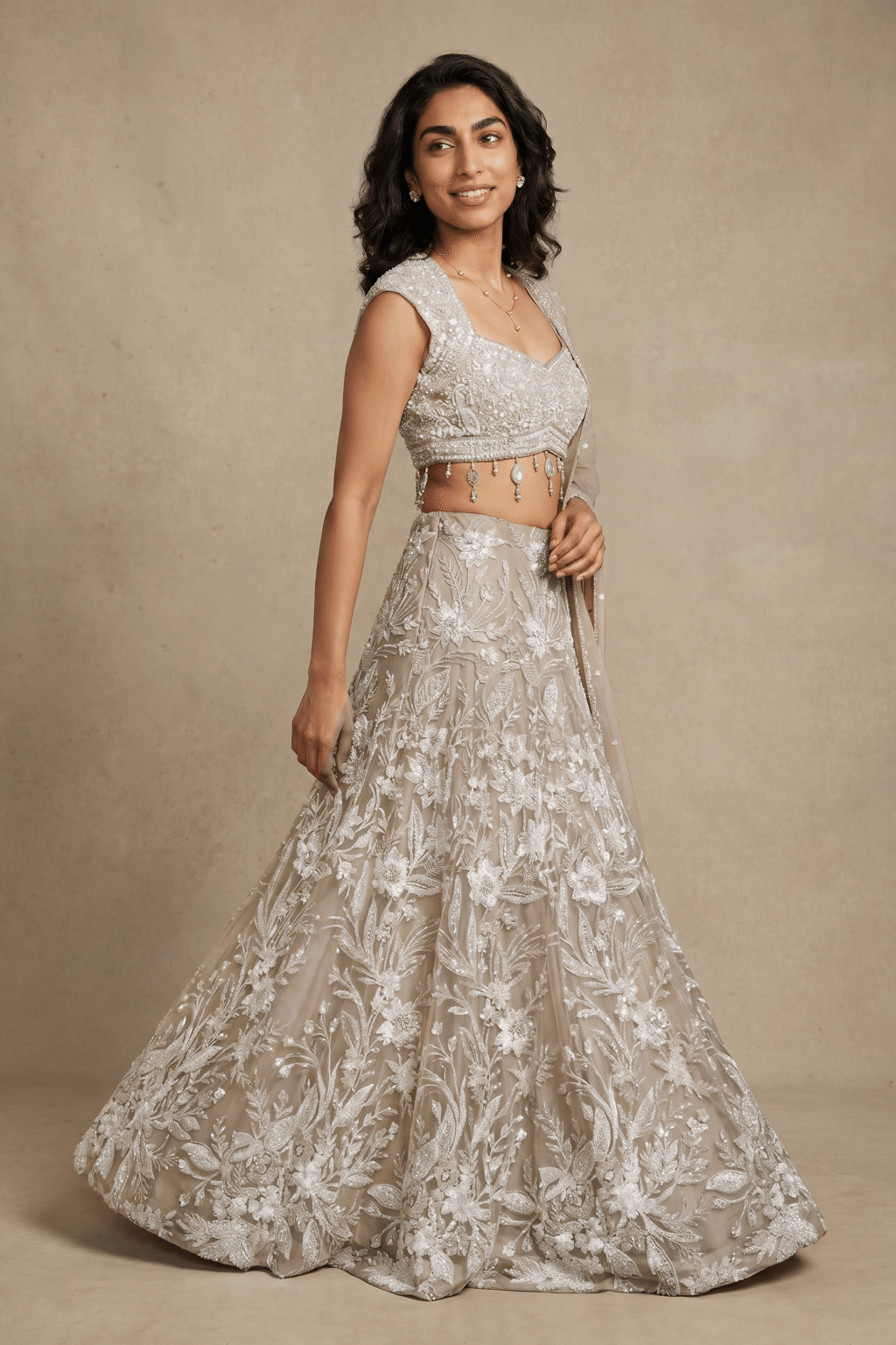 Light Brown Net Fish Cut Lehenga