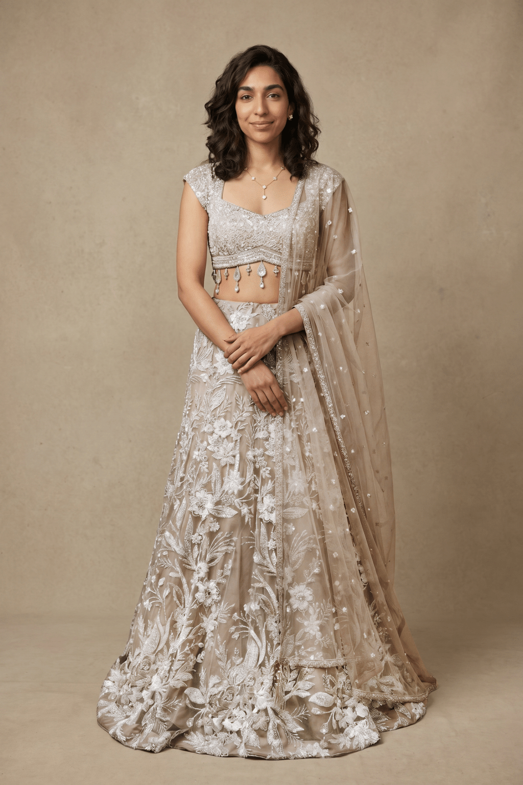 Light Brown Net Fish Cut Lehenga