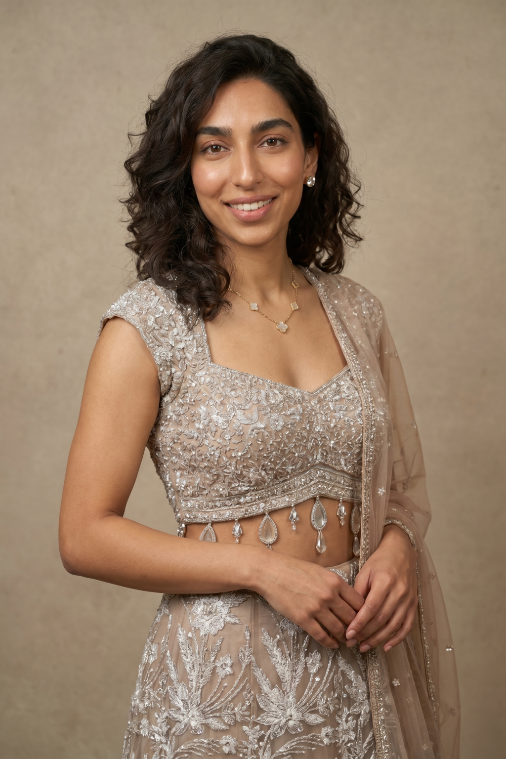 Light Brown Net Fish Cut Lehenga