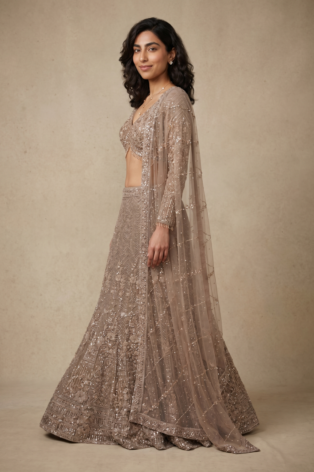 Gold Net Fish Cut Lehenga with Cutdana & Sequin Embroidery