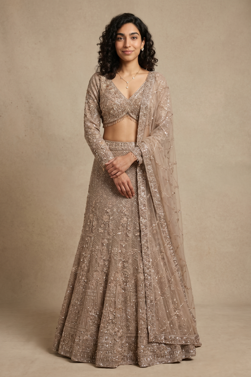 Gold Net Fish Cut Lehenga with Cutdana & Sequin Embroidery