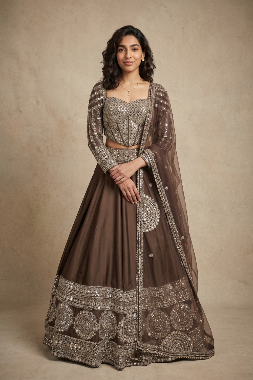 Brown Silk Lehenga with Mirror, Zardosi & Thread Zari Embroidery