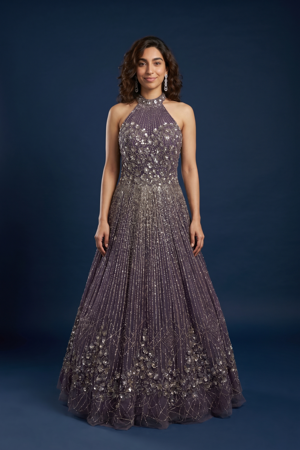 Deep Purple Net Halter Neck Gown with Sequin & Stone Work