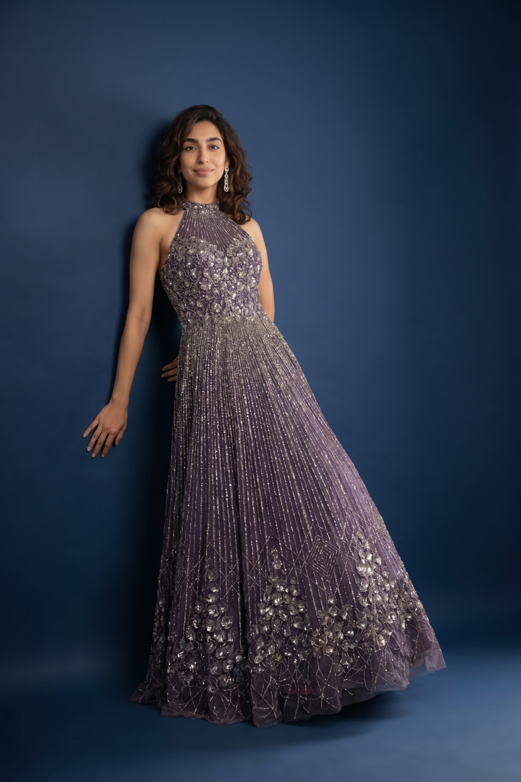 Deep Purple Net Halter Neck Gown with Sequin & Stone Work