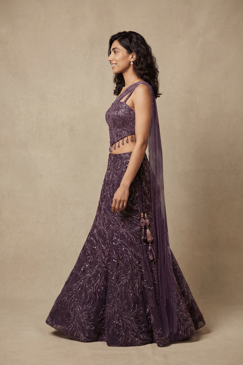 Wine Net Fish Cut Lehenga
