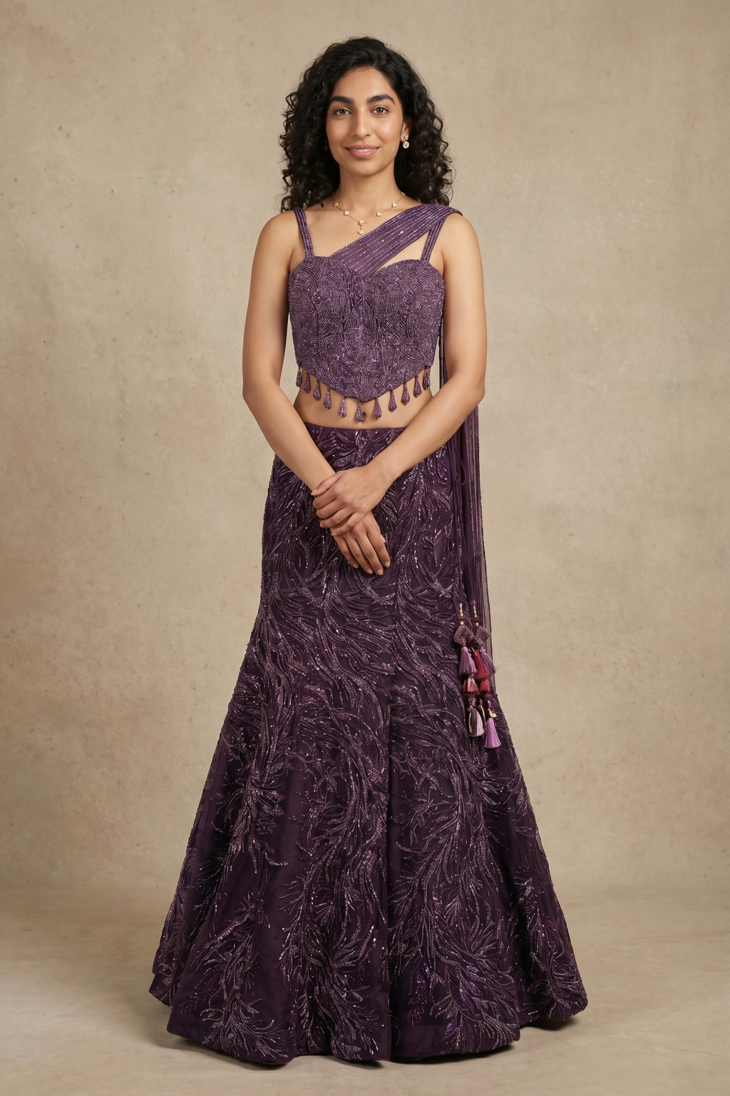 Wine Net Fish Cut Lehenga