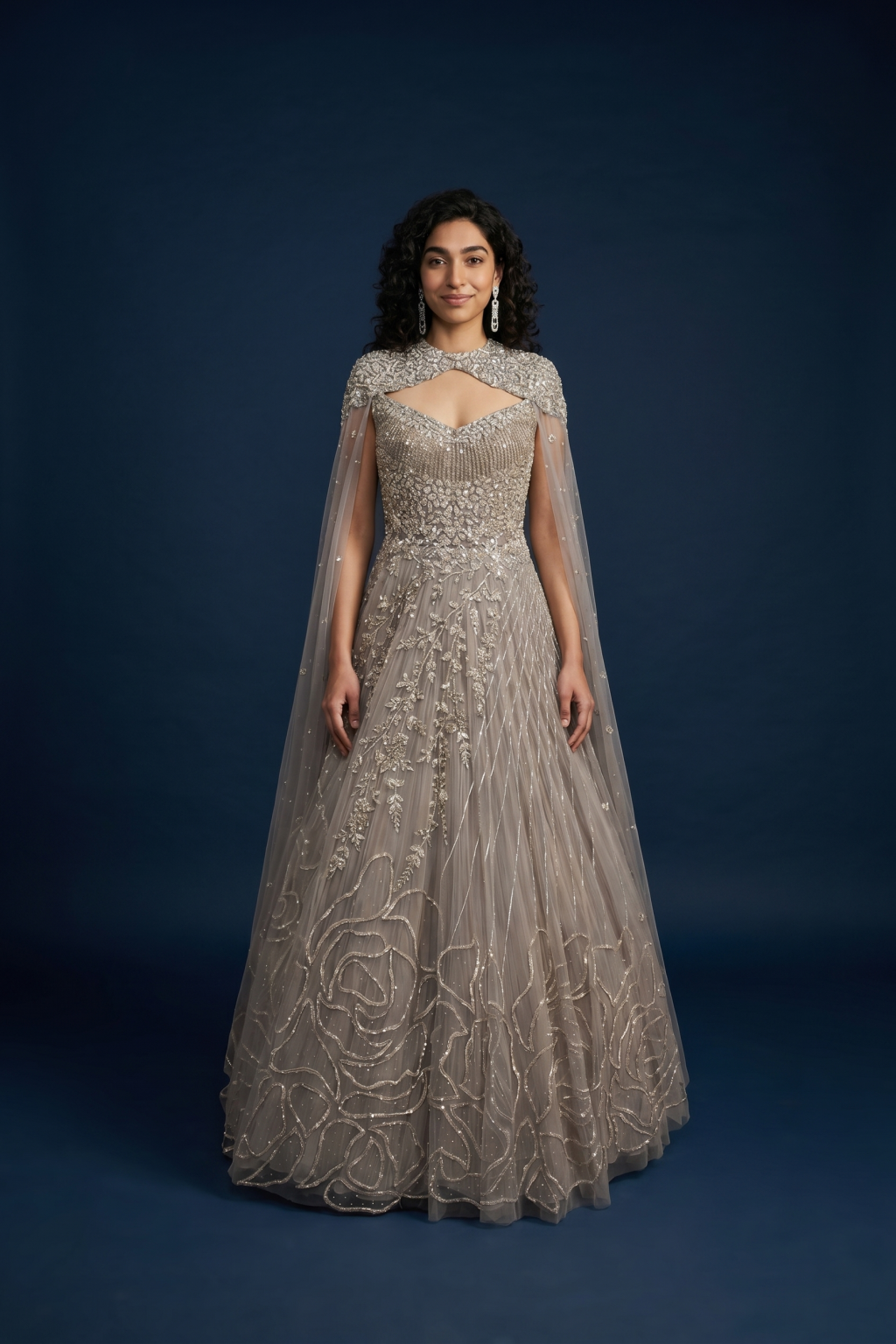 Champagne Gold Net Gown with Embellished Cape
