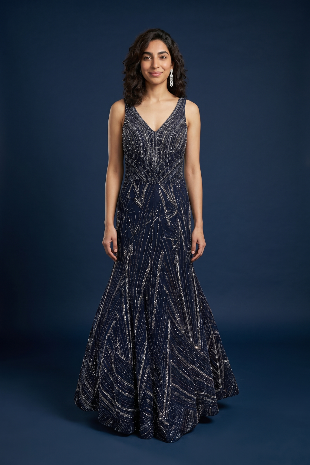Navy Blue Net Fishcut Gown