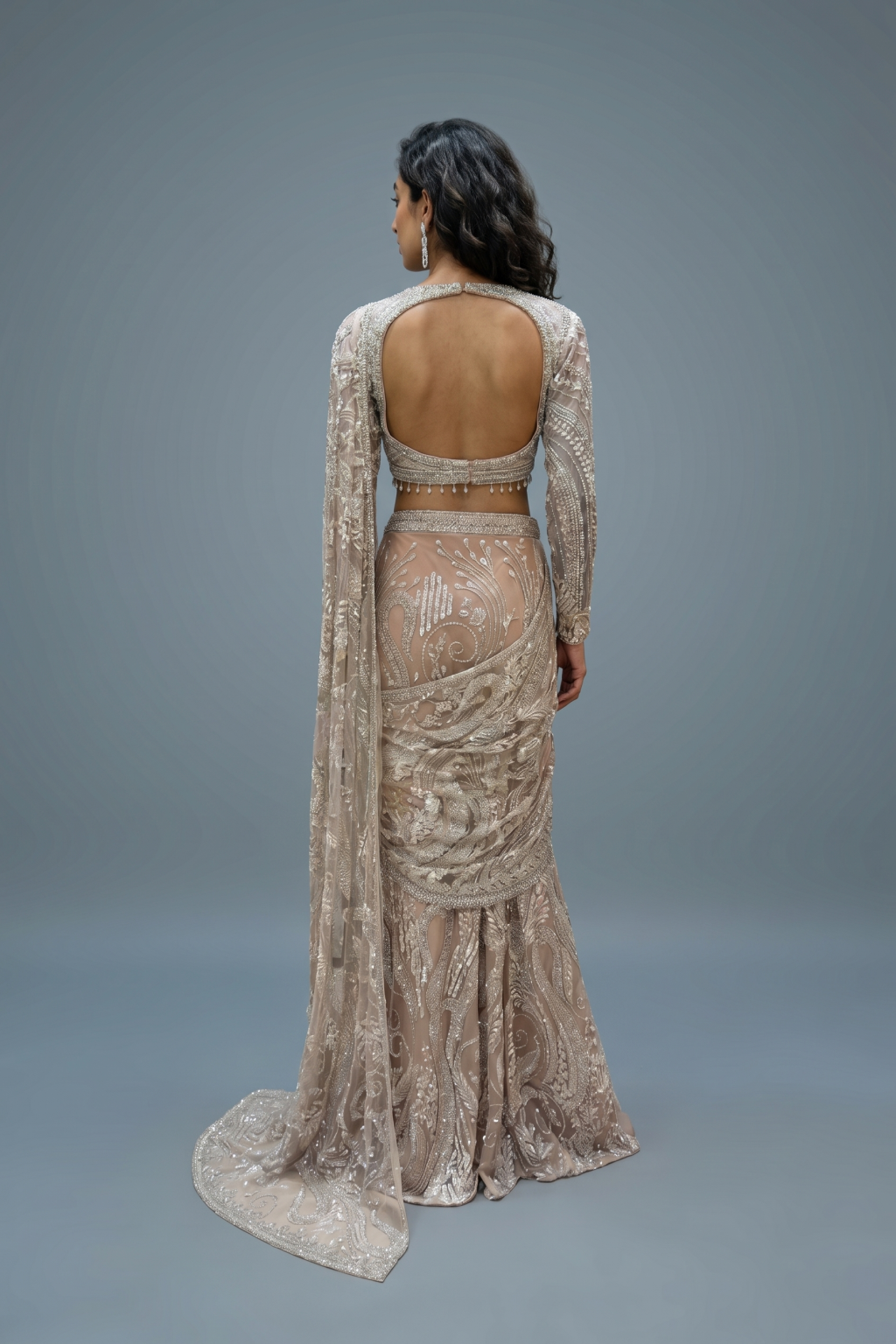 Peach Net Drape Saree with Sequins & Kardhana Work