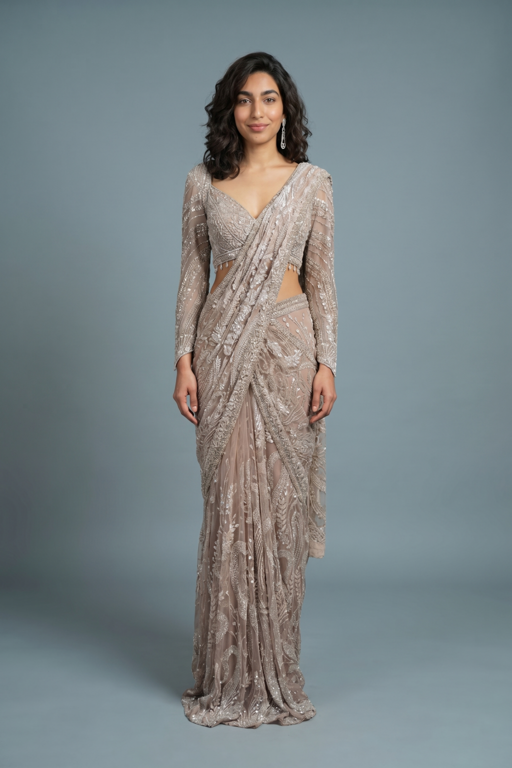 Peach Net Drape Saree with Sequins & Kardhana Work