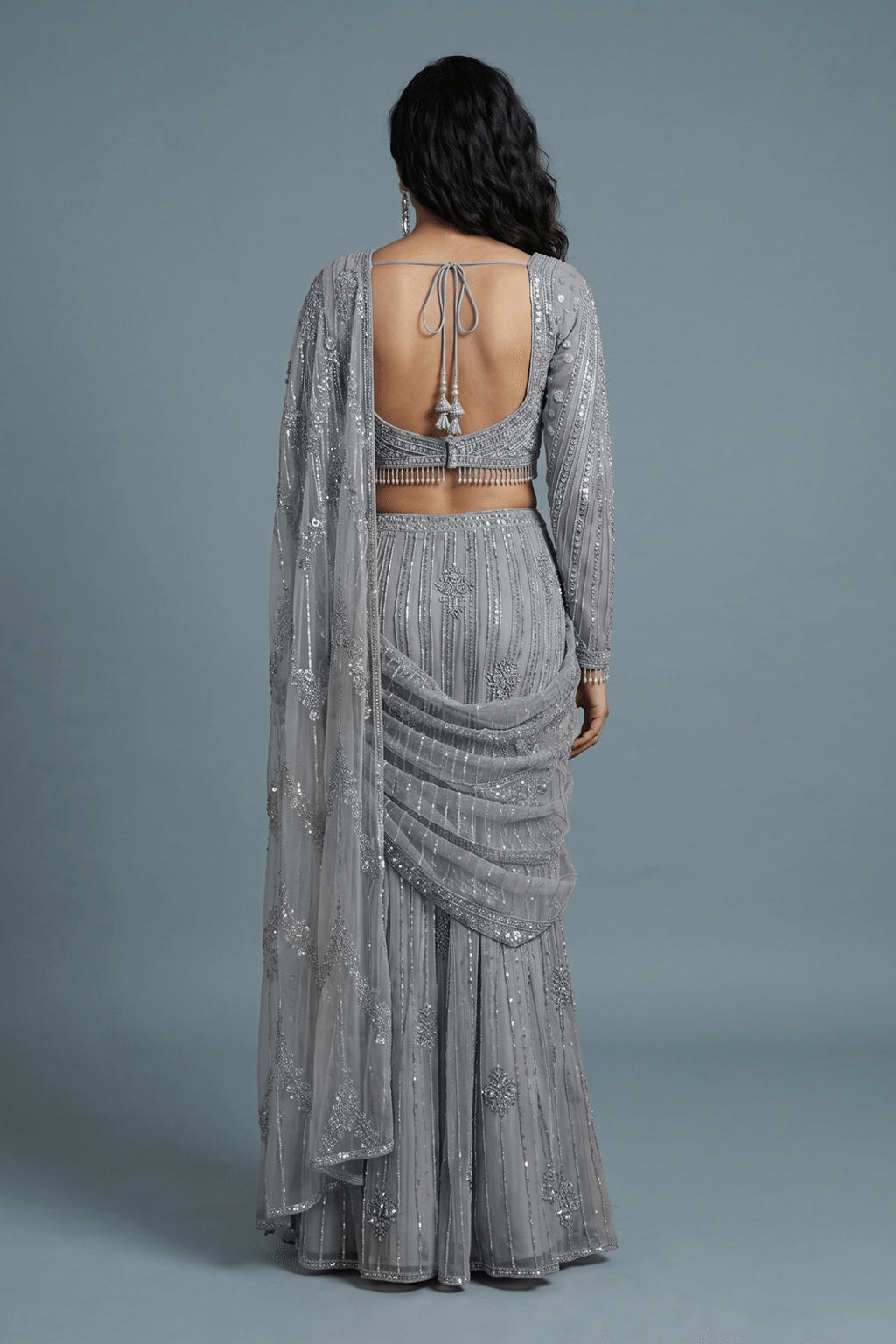 Silver Grey Embroidered Drape Saree