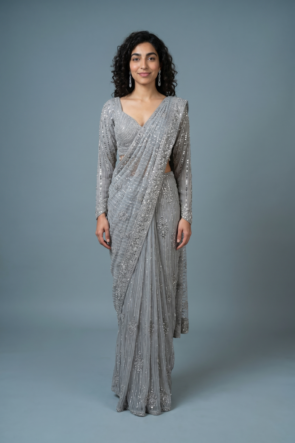 Silver Grey Embroidered Drape Saree