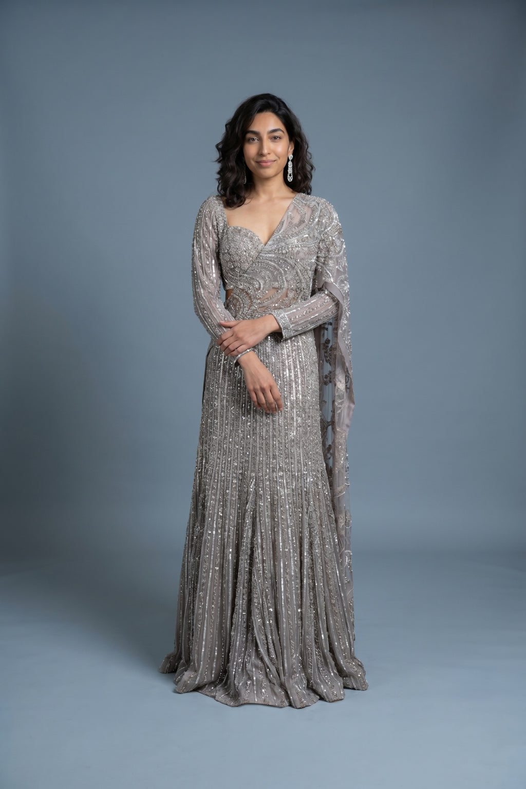 Grey Net Lehenga Saree with Stone, Pearl, Sequins & Zari Embroidery