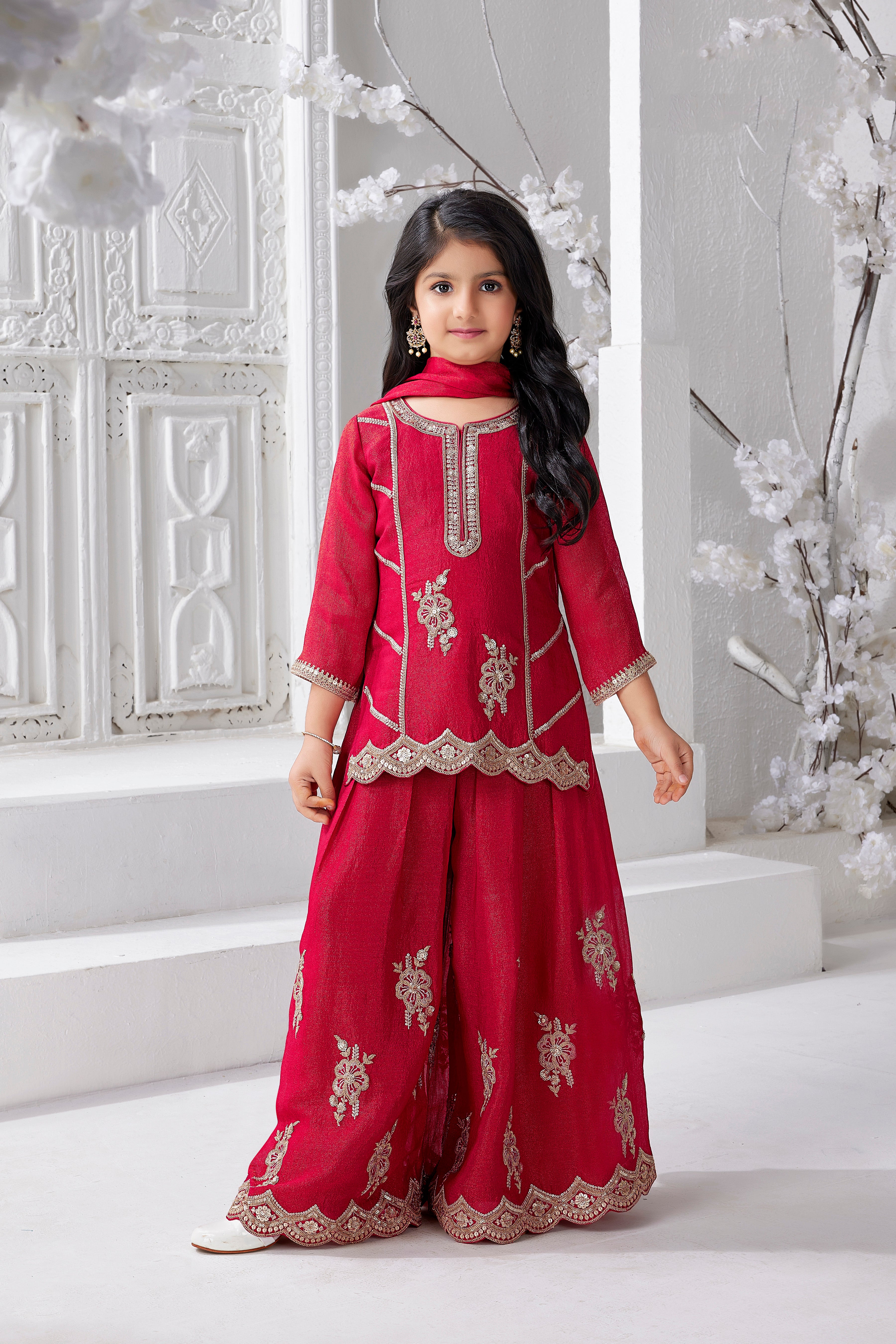 Red Embroidered Palazzo Set for Girls