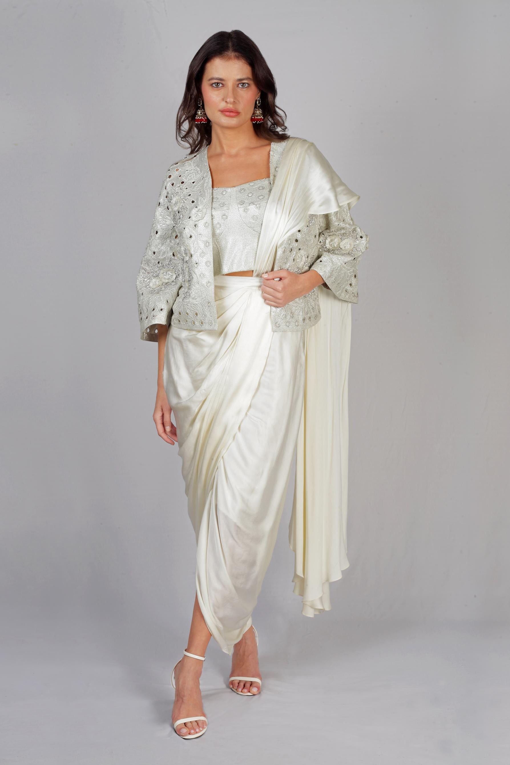Ivory Satin Silk Embellished Indo-Western Set