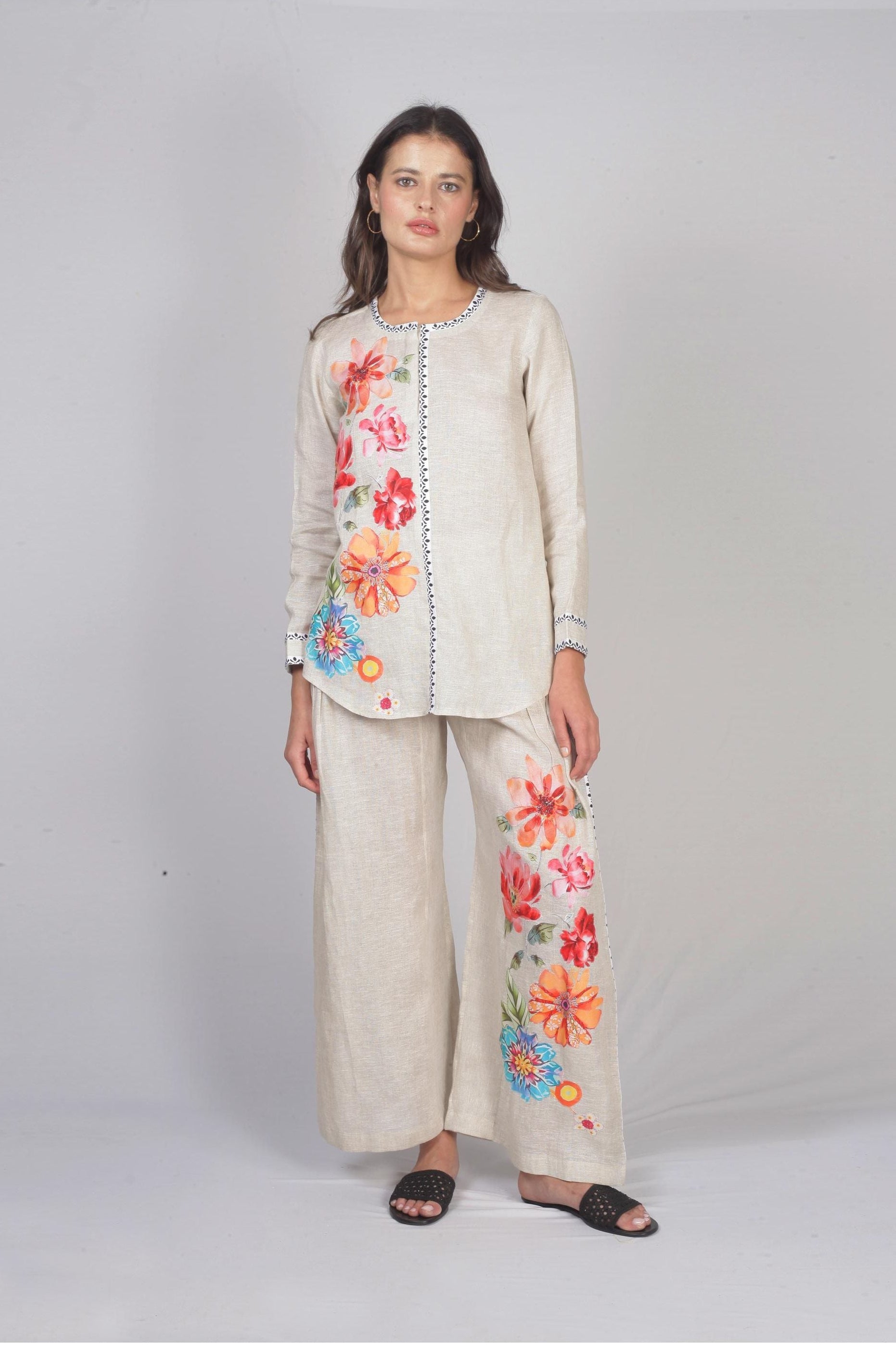 Beige Linen Floral Printed Co-Ord Set