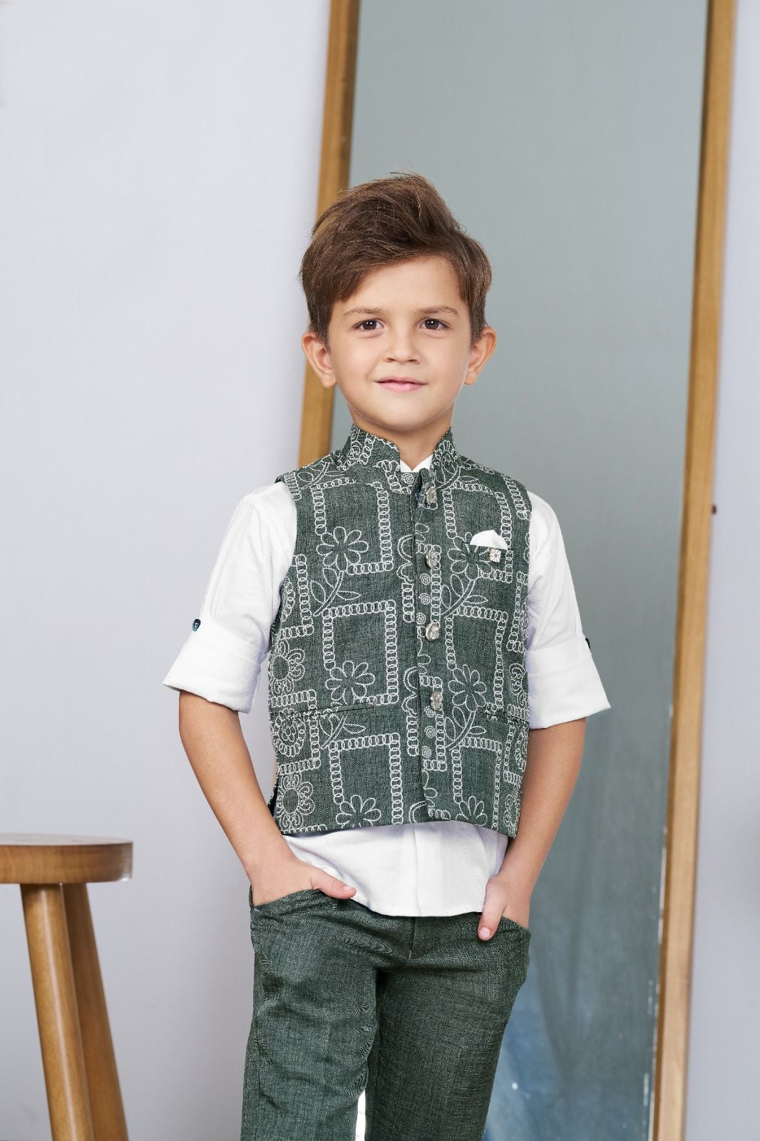 Green Printed Bandi Set for Boys