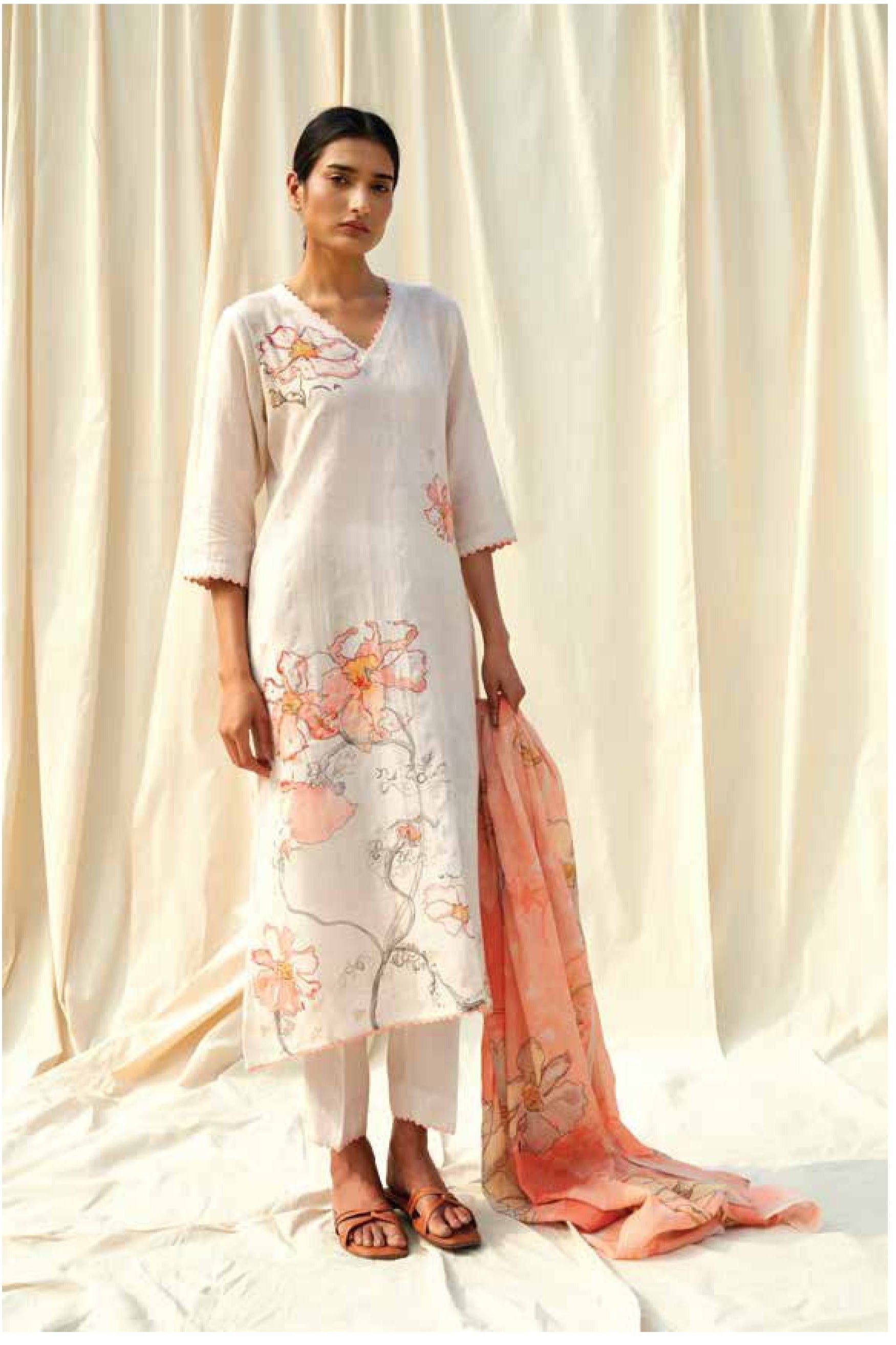 Ivory Peach Floral Printed Kurta Set  Mokshaa