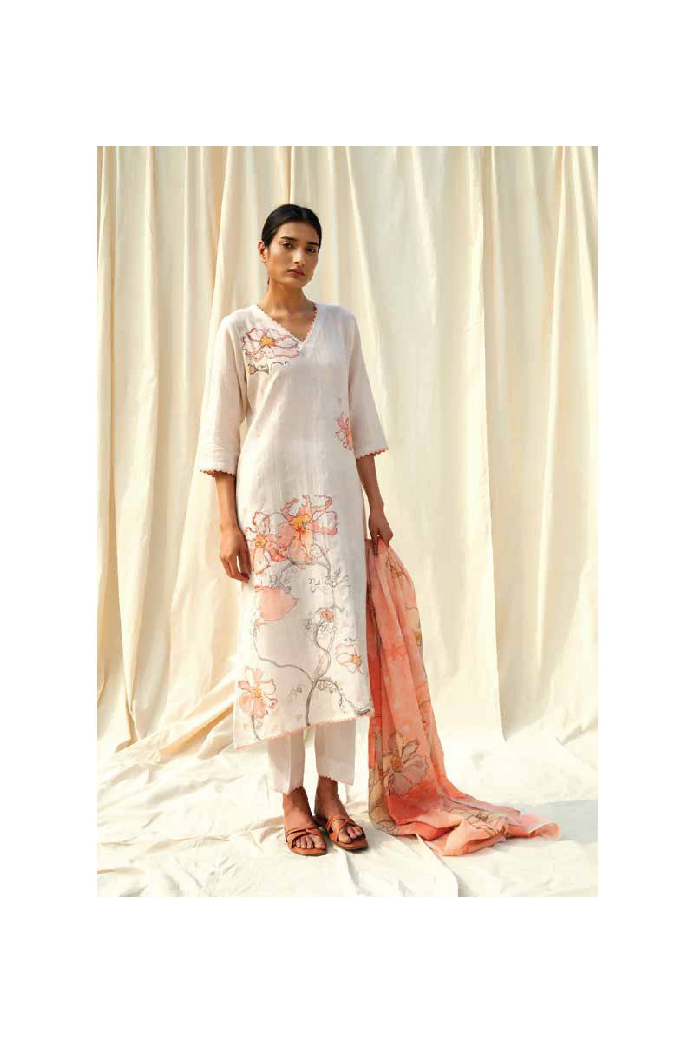 Ivory Peach Floral Printed Kurta Set  Mokshaa