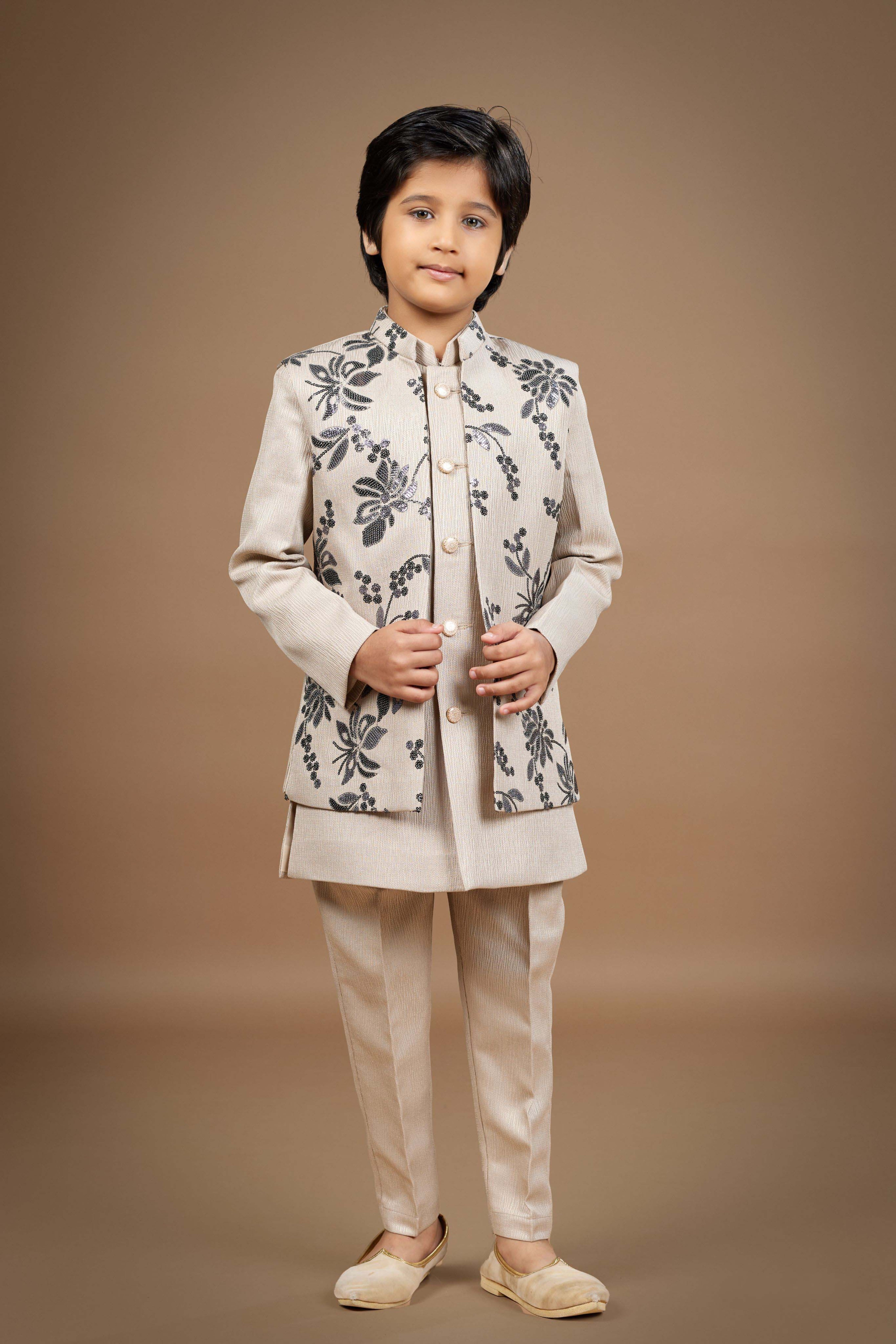 Boys Beige Bandi Set with Black Floral Embroidery