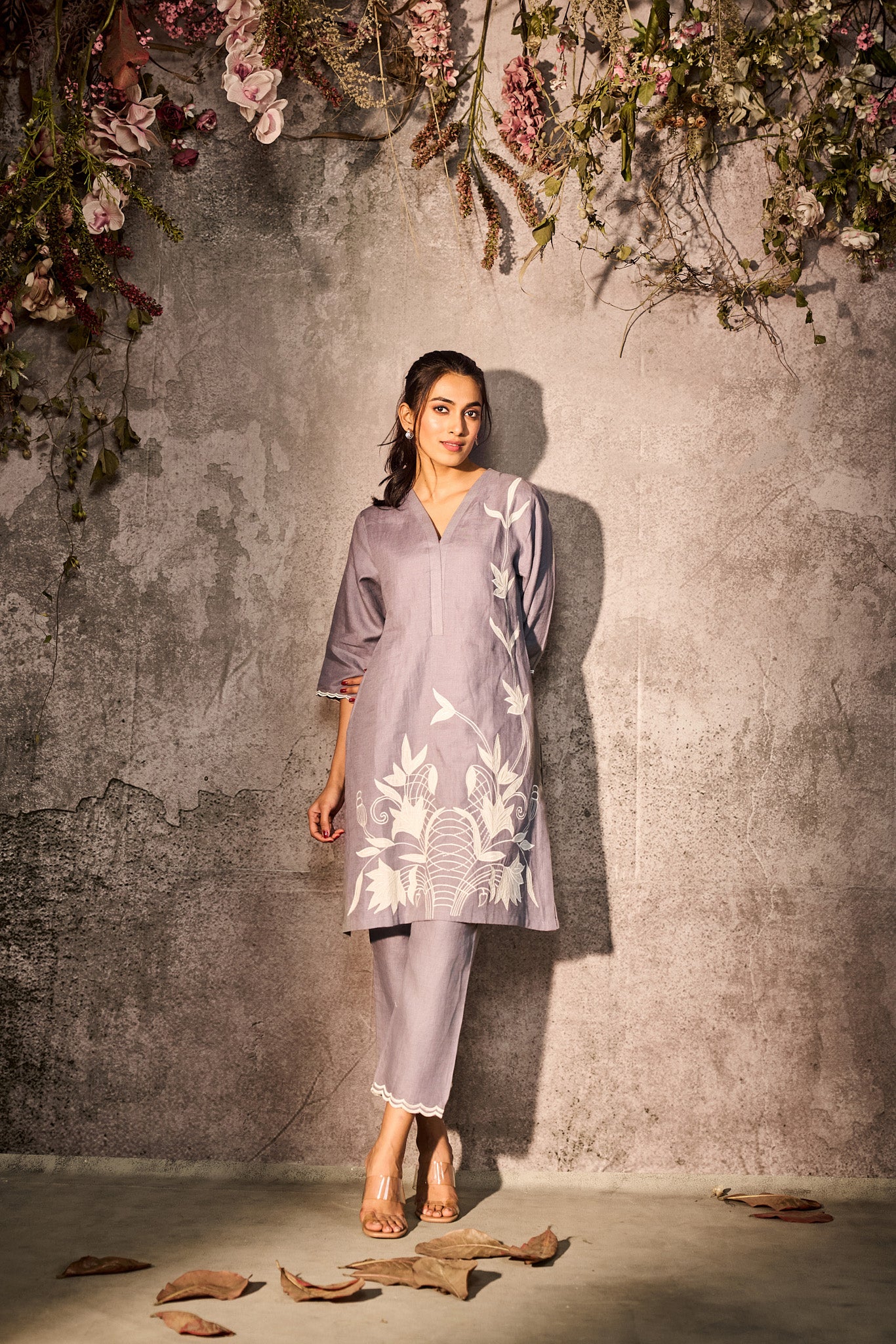 Lilac Grey Silk Kurti Set