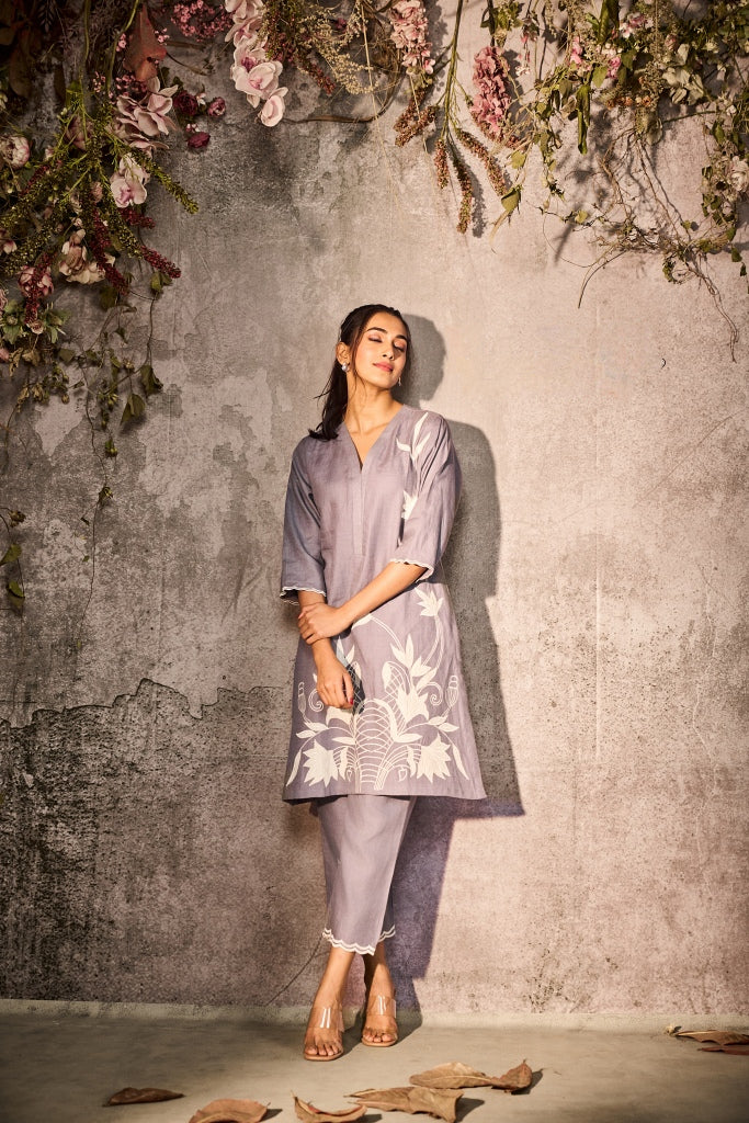 Grey Linen Co-Ord Set with Botanical Motif Print