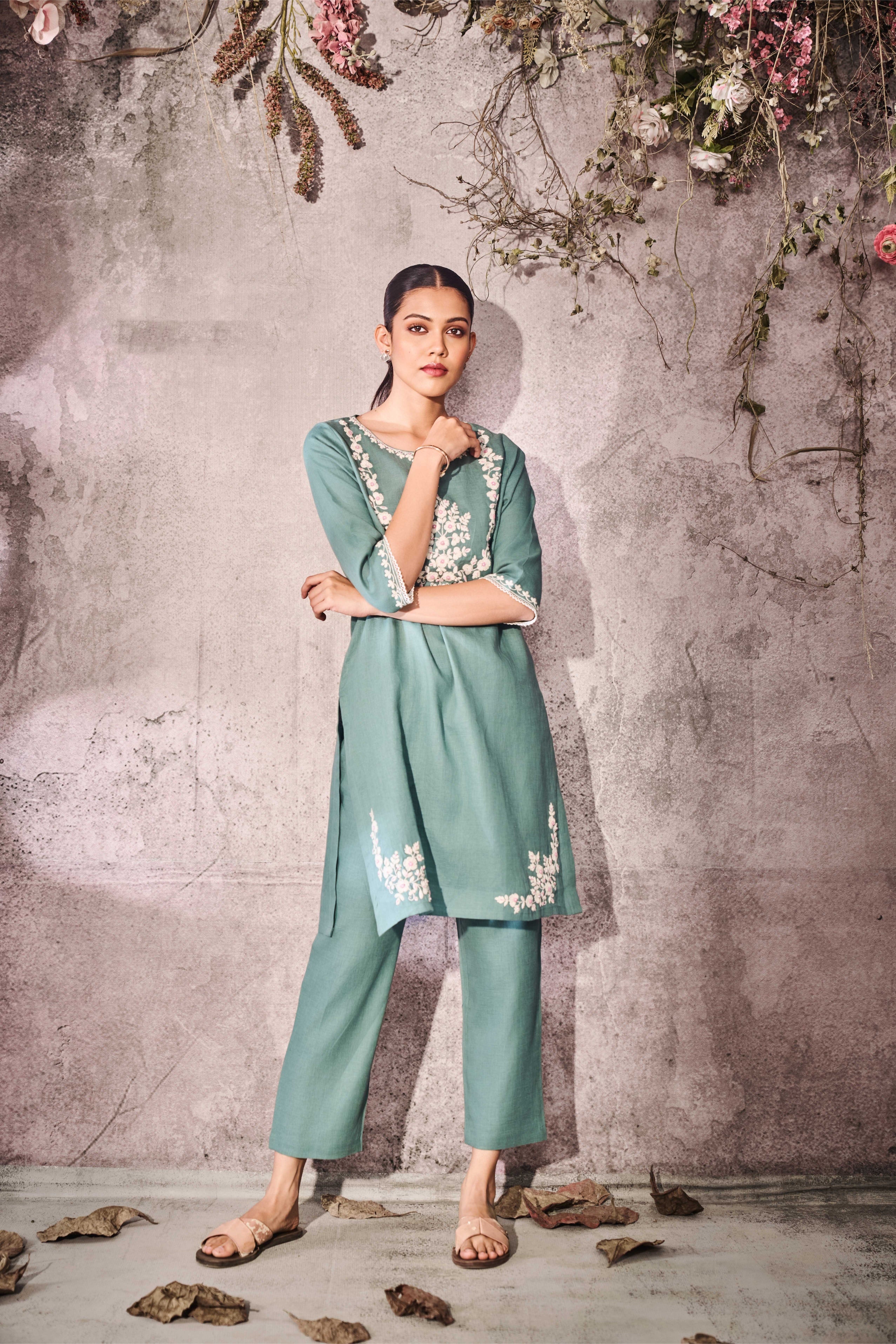 Sea Green Silk Kurti Set