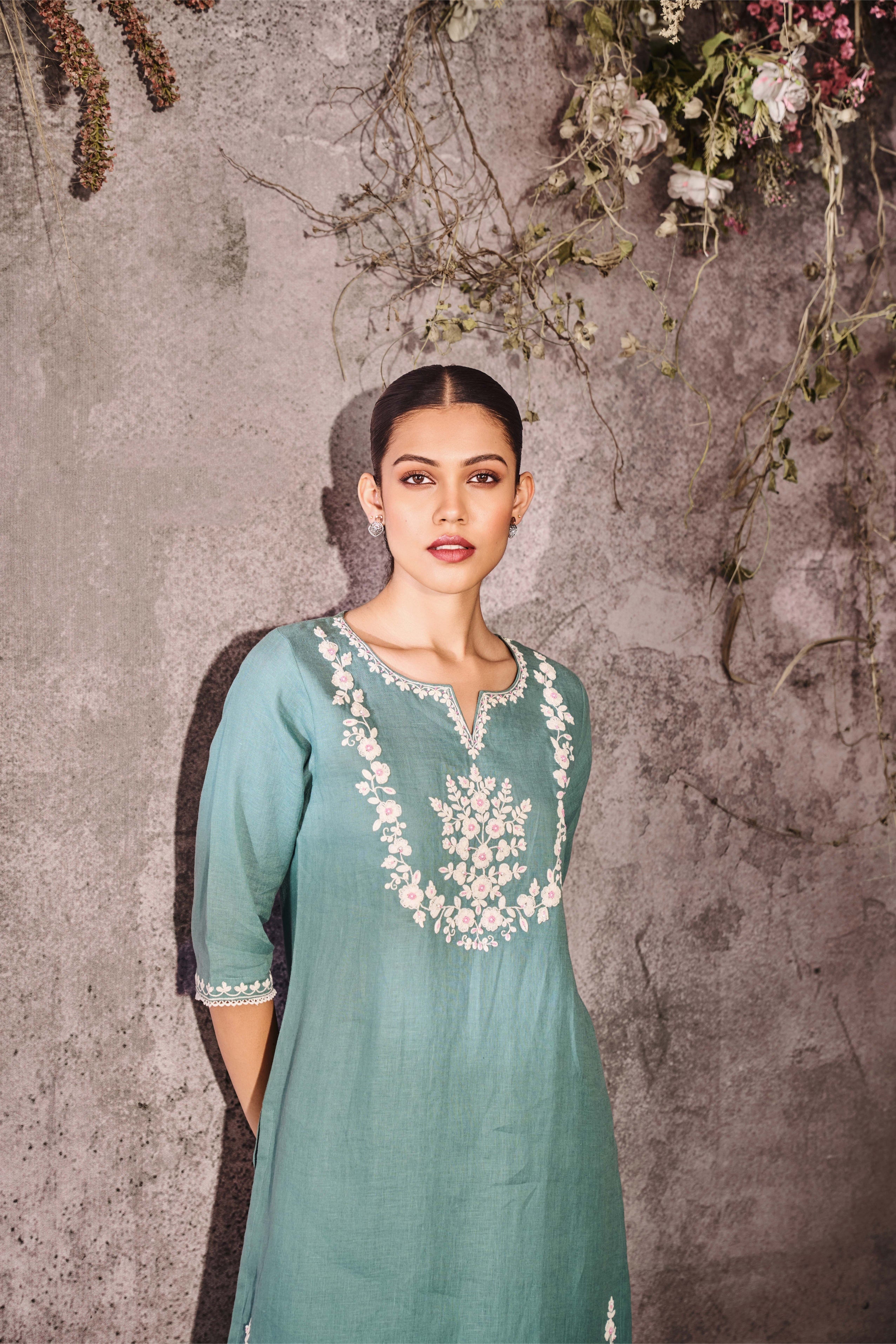 Sea Green Silk Kurti Set