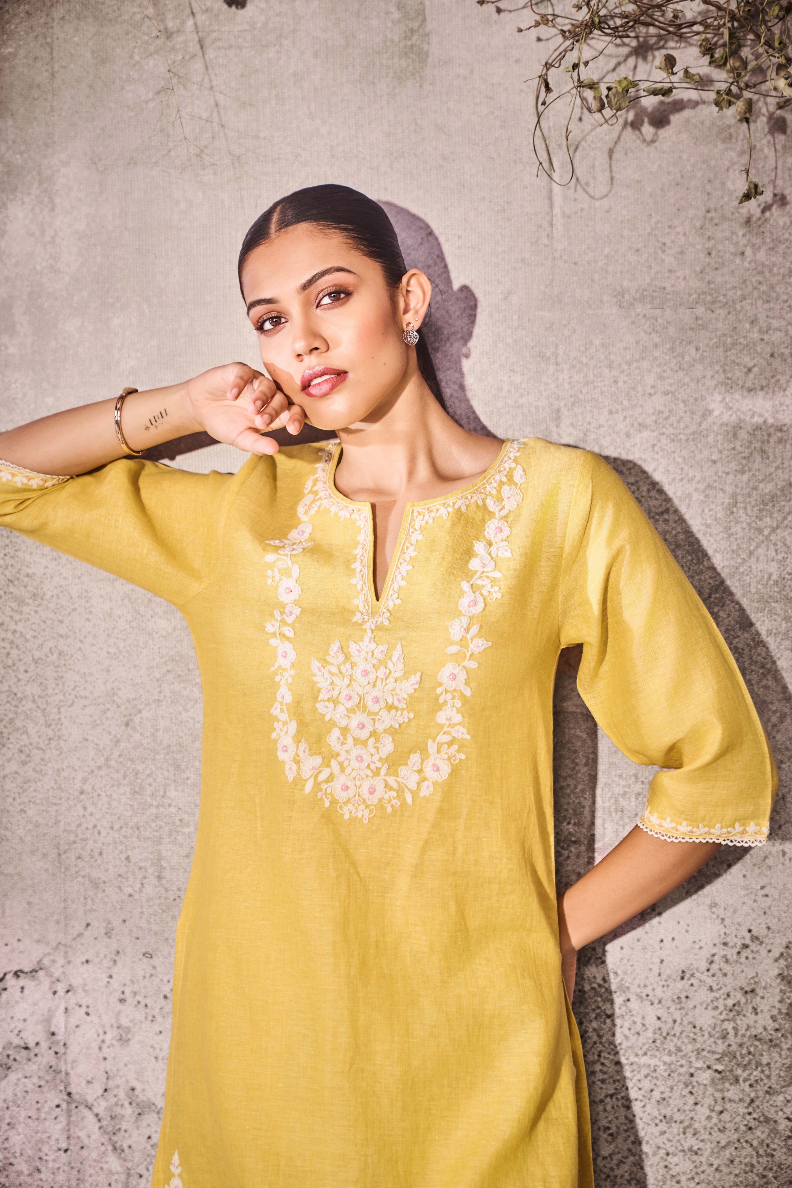 Mustard Yellow Silk Kurti Set