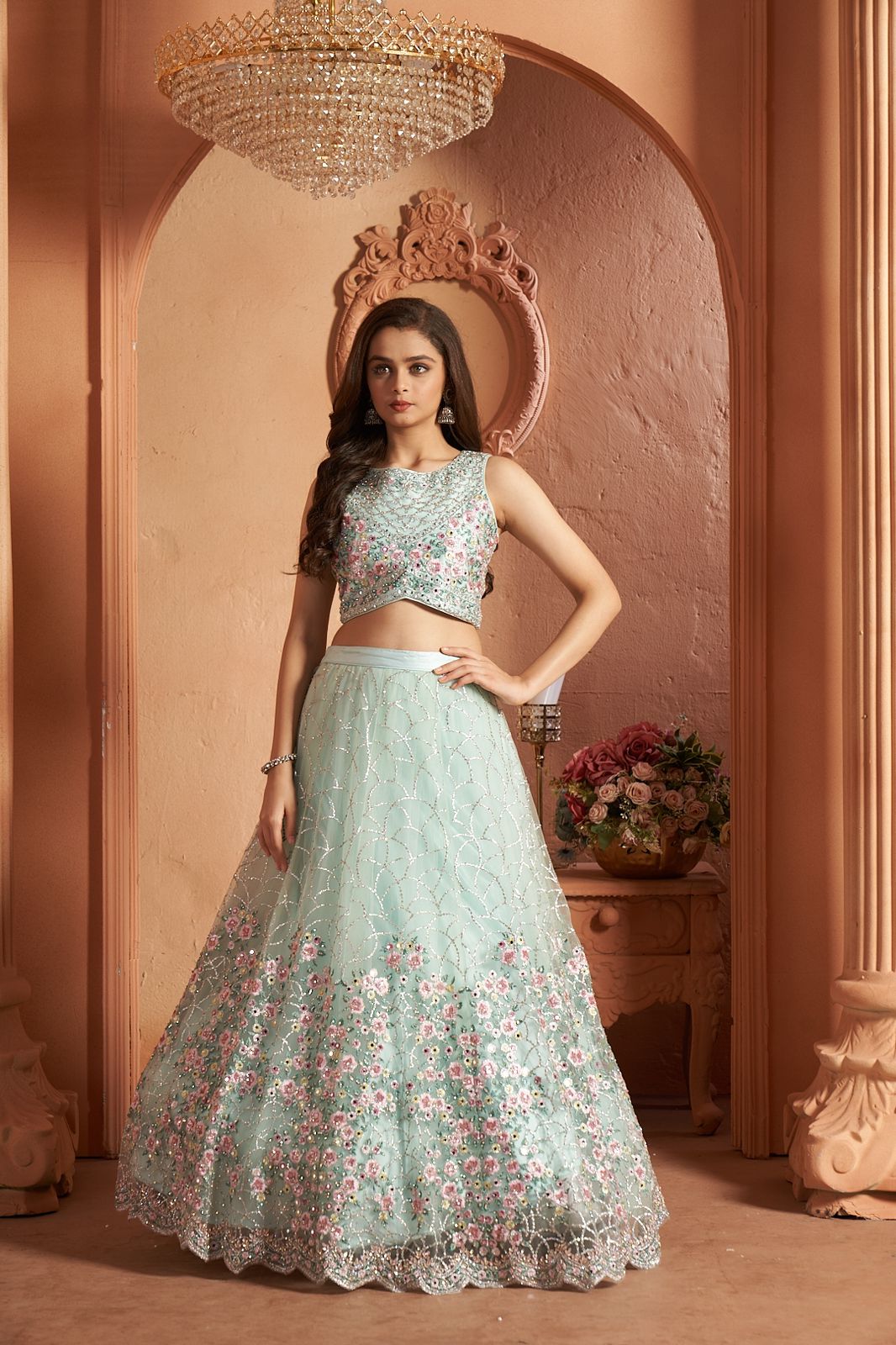 Pastel Blue Net Lehenga with Silver Highlights - Mokshaa