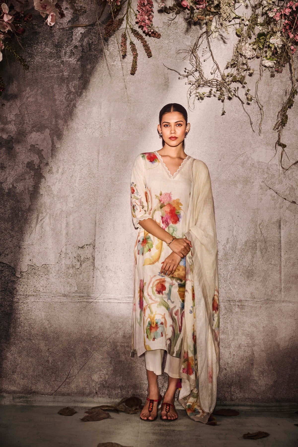 Ivory Linen Watercolor Floral Printed Kurta Set