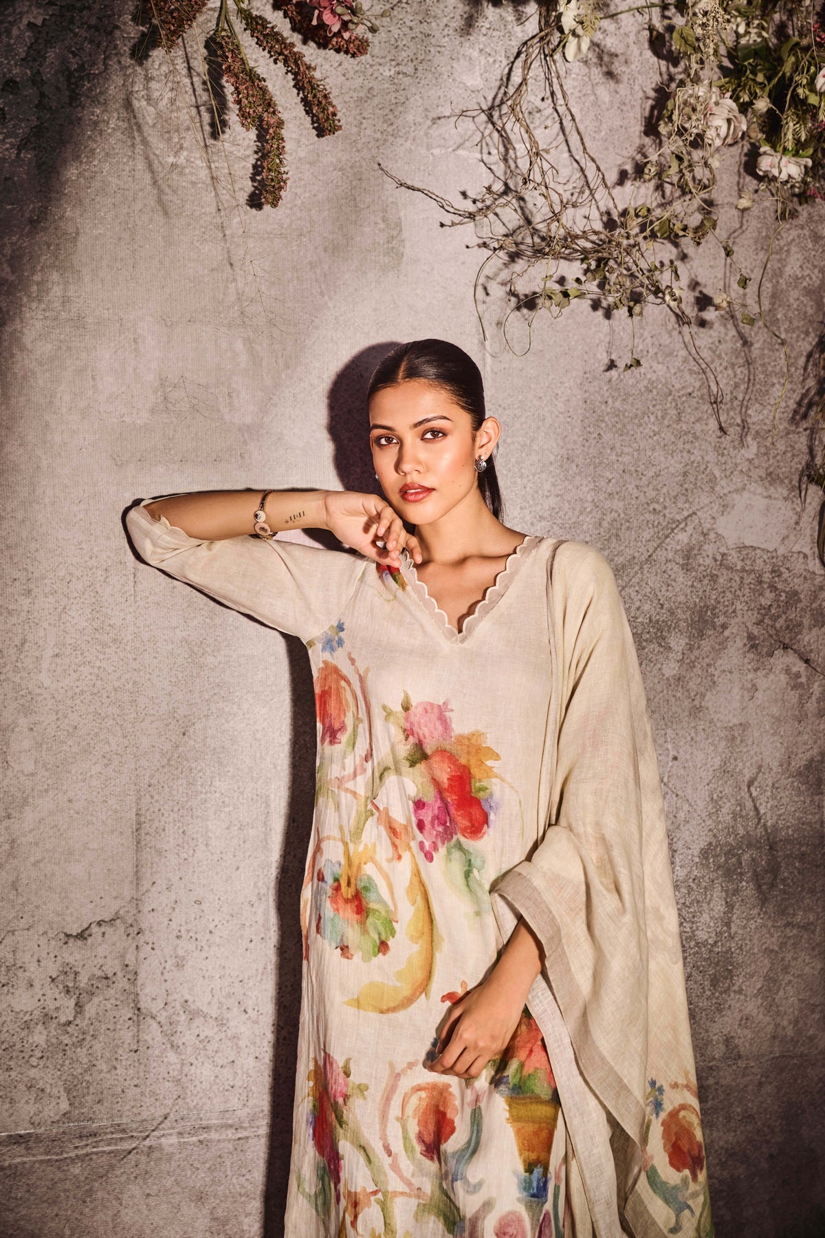 Ivory Linen Watercolor Floral Printed Kurta Set