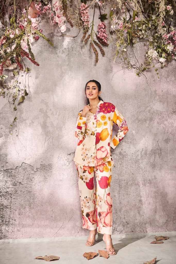 Cream Linen Silk Co-Ord Set with Multi-Color Floral Print