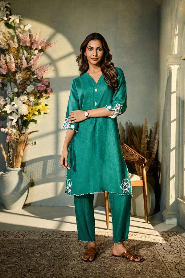 Teal Green Linen Co-Ord Set with White Floral Embroidery