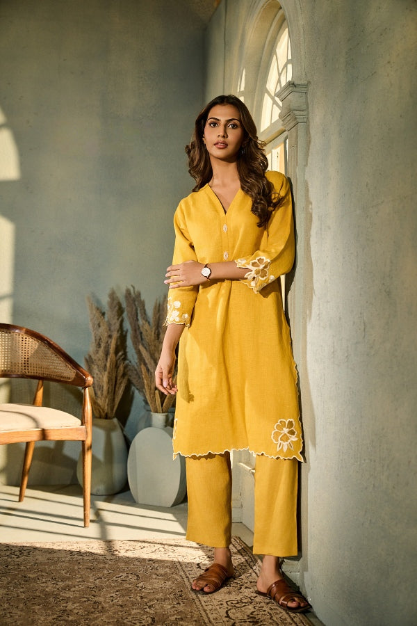 Mustard Yellow Linen Co-Ord Set with White Floral Embroidery