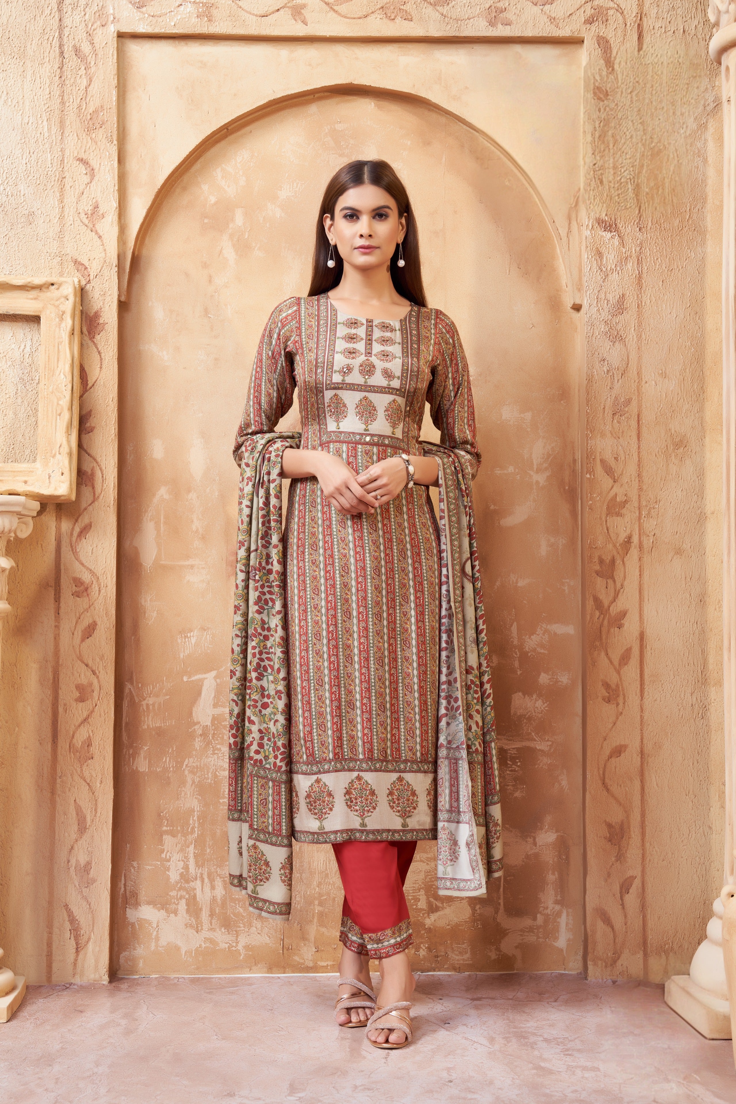 Beige Silk Kurta Set with Traditional Block Print Dupatta
