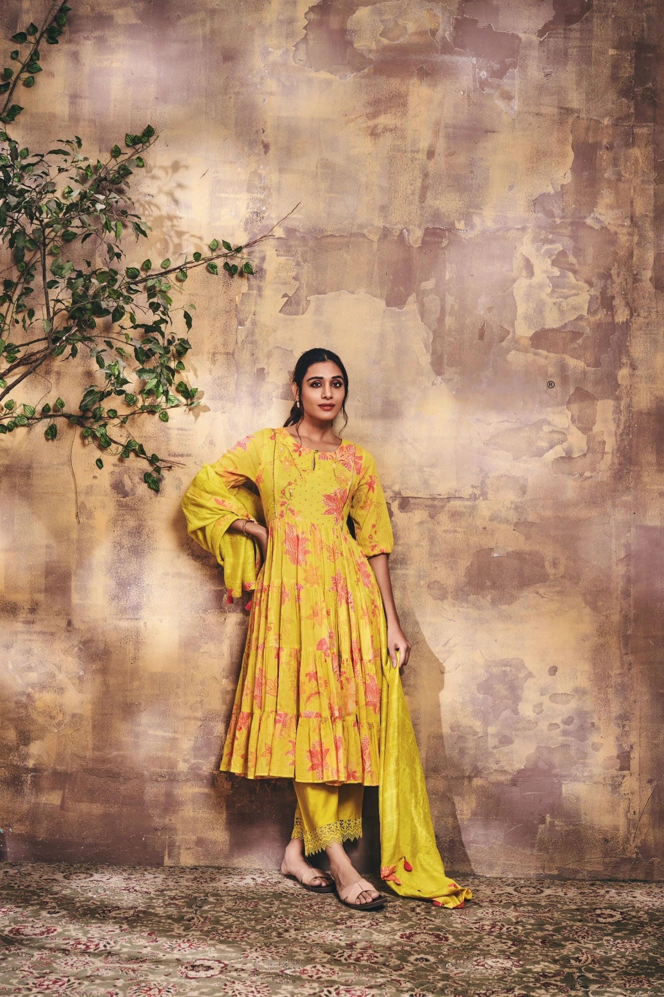 Yellow Floral Kurta Set With Dupatta - Mokshaa