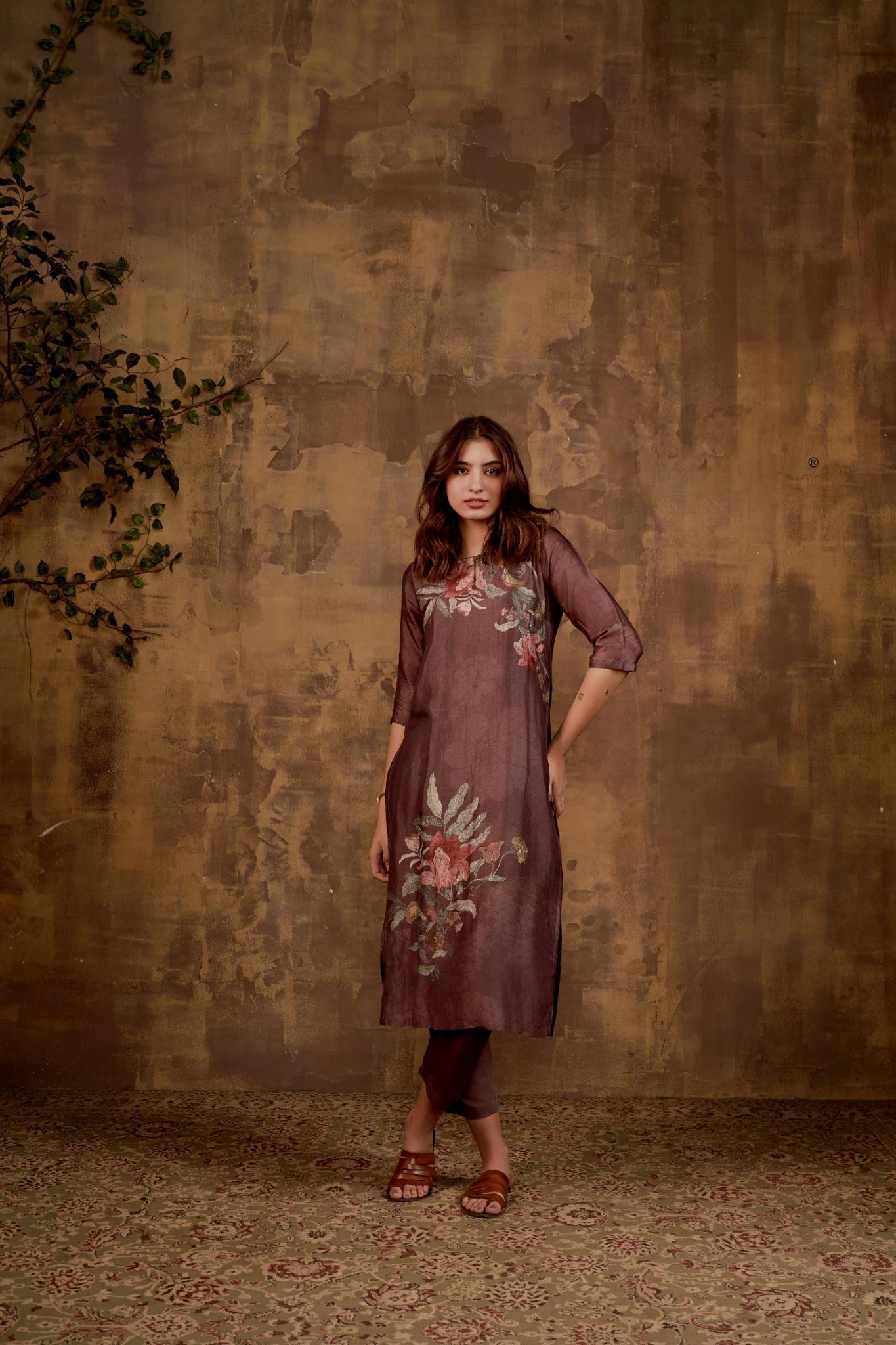 Brown Floral Printed Muslin Silk Kurta Pants Set - Mokshaa