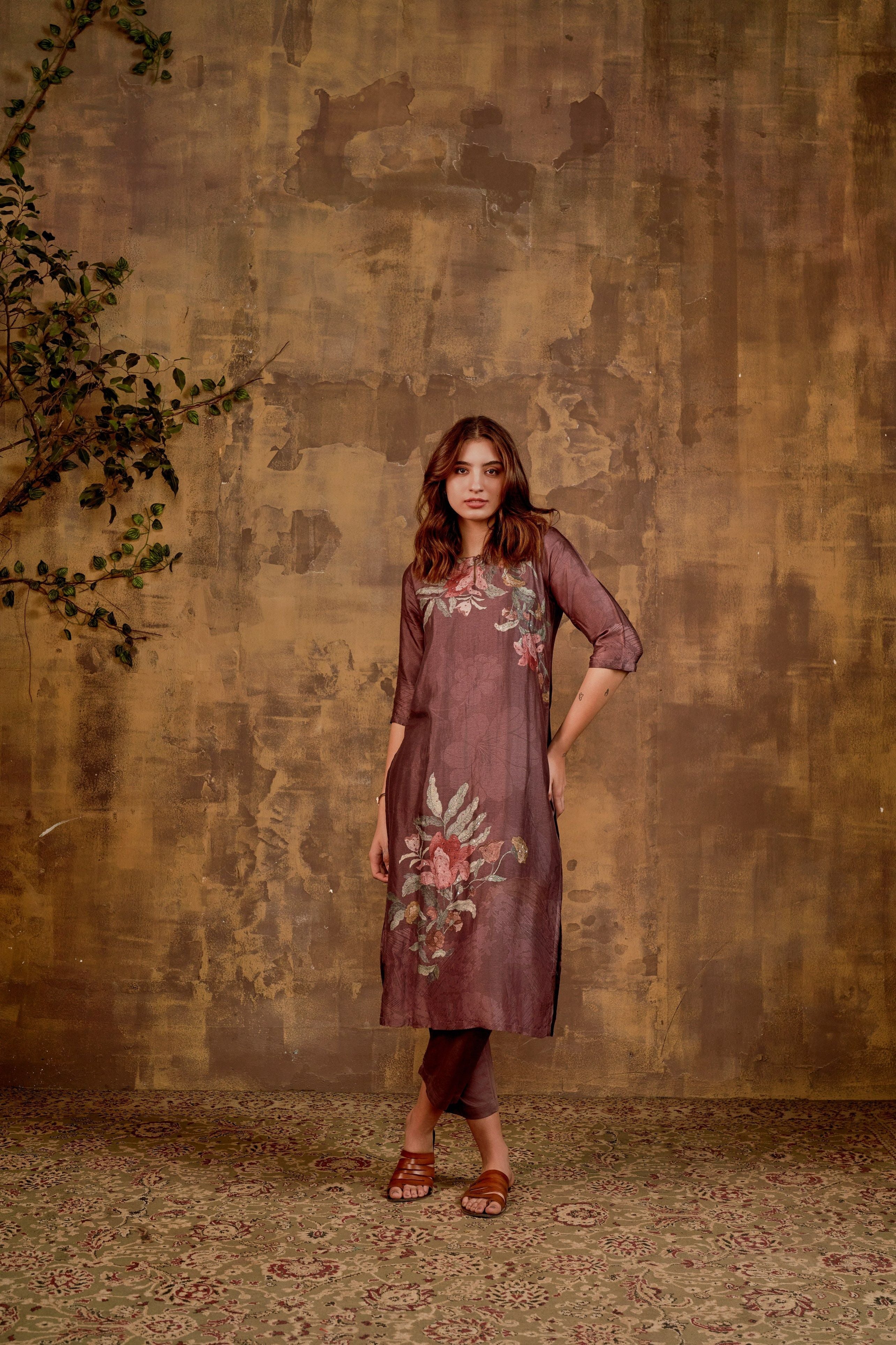 Brown Floral Printed Muslin Silk Kurta Pants Set - Mokshaa