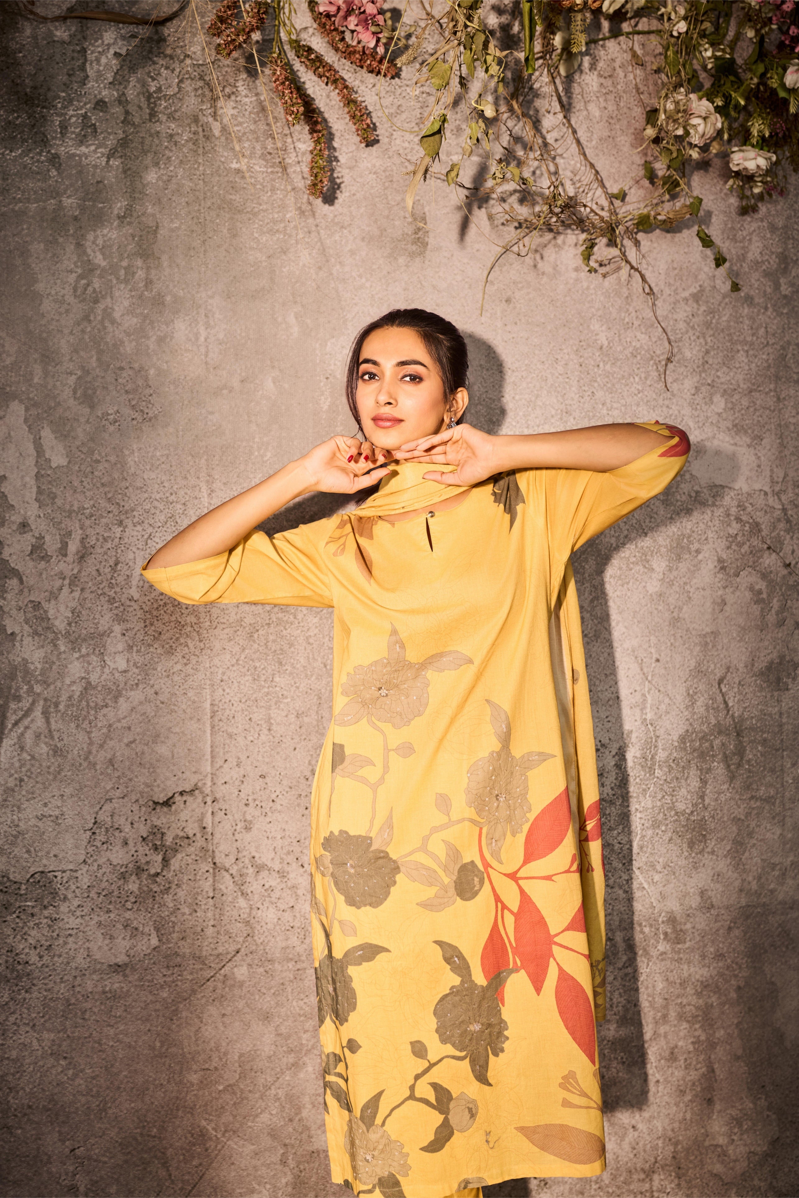 Sunshine Yellow Floral Silk Salwar Set