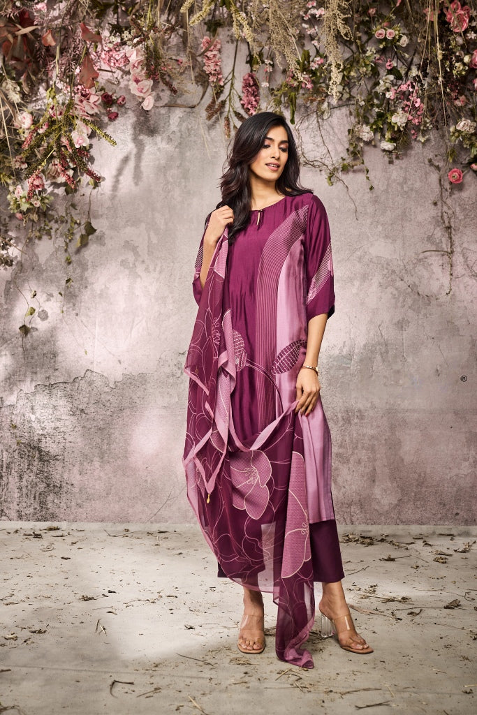 Wine Muslin Printed Kurta Set with Floral Motif Dupatta