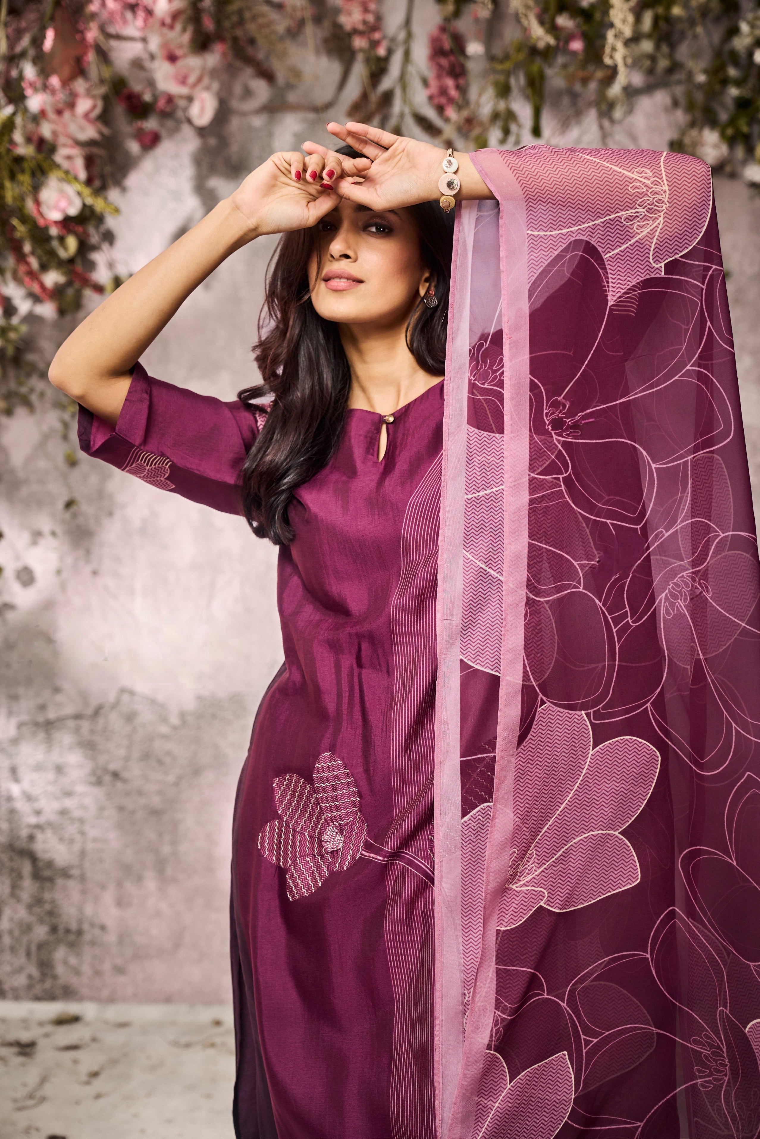 Wine Muslin Printed Kurta Set with Floral Motif Dupatta