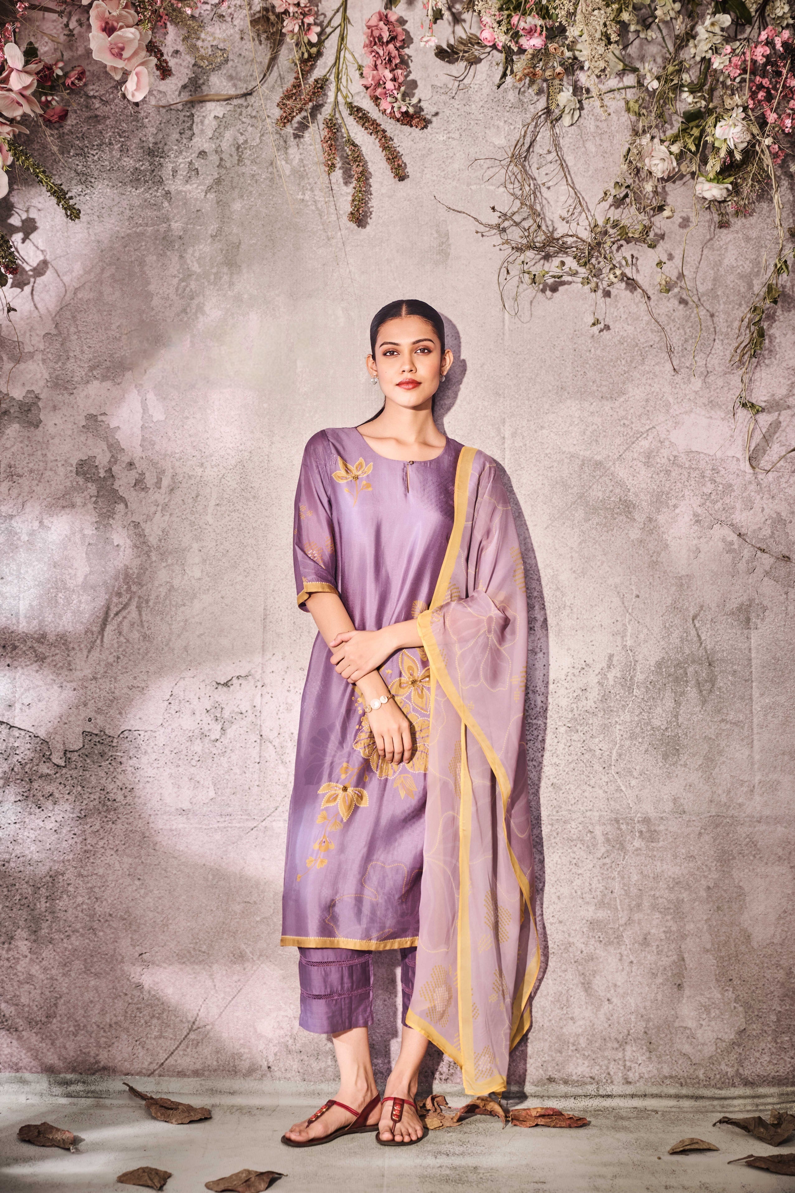 Mauve Muslin Kurta Set with Gold Floral Print & Dupatta