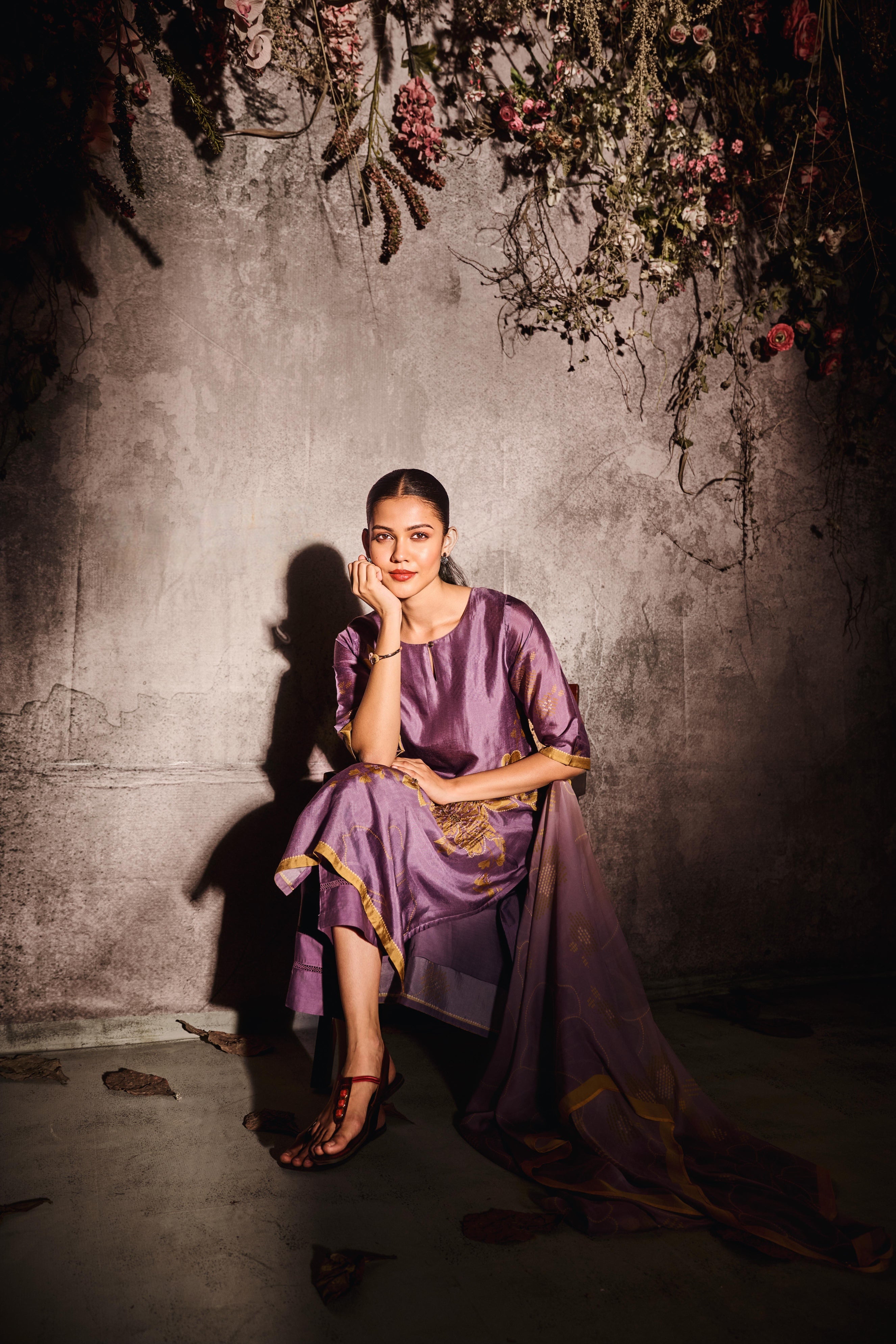 Mauve Muslin Kurta Set with Gold Floral Print & Dupatta